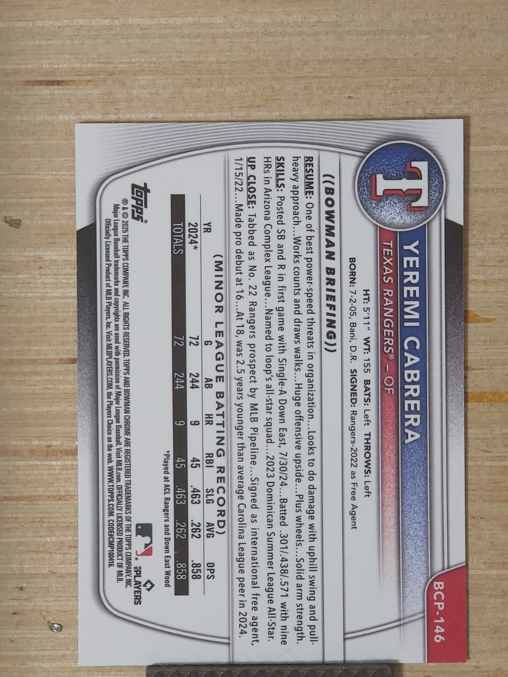 2025 Bowman - Chrome Prospects #BCP-146 Yeremi Cabrera Wave /350