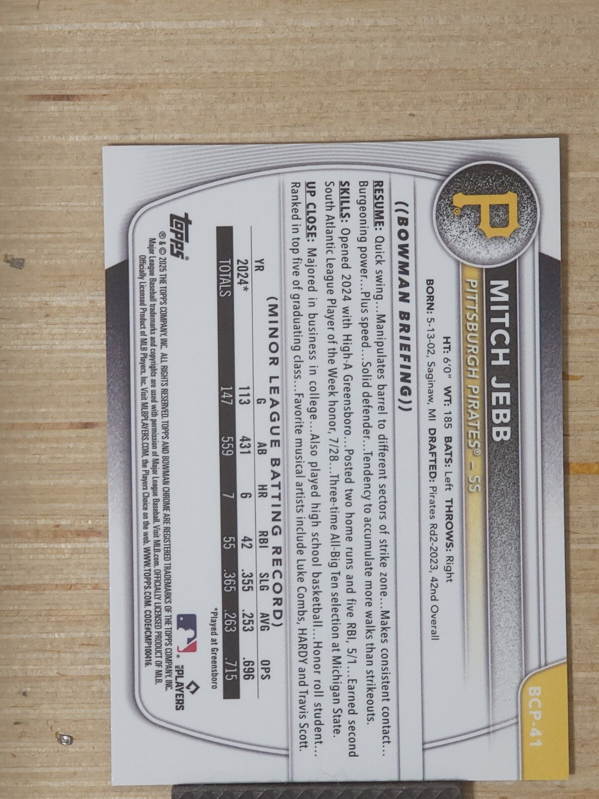 2025 Bowman - Chrome Prospects #BCP-41  Mitch Jebb Reptilian