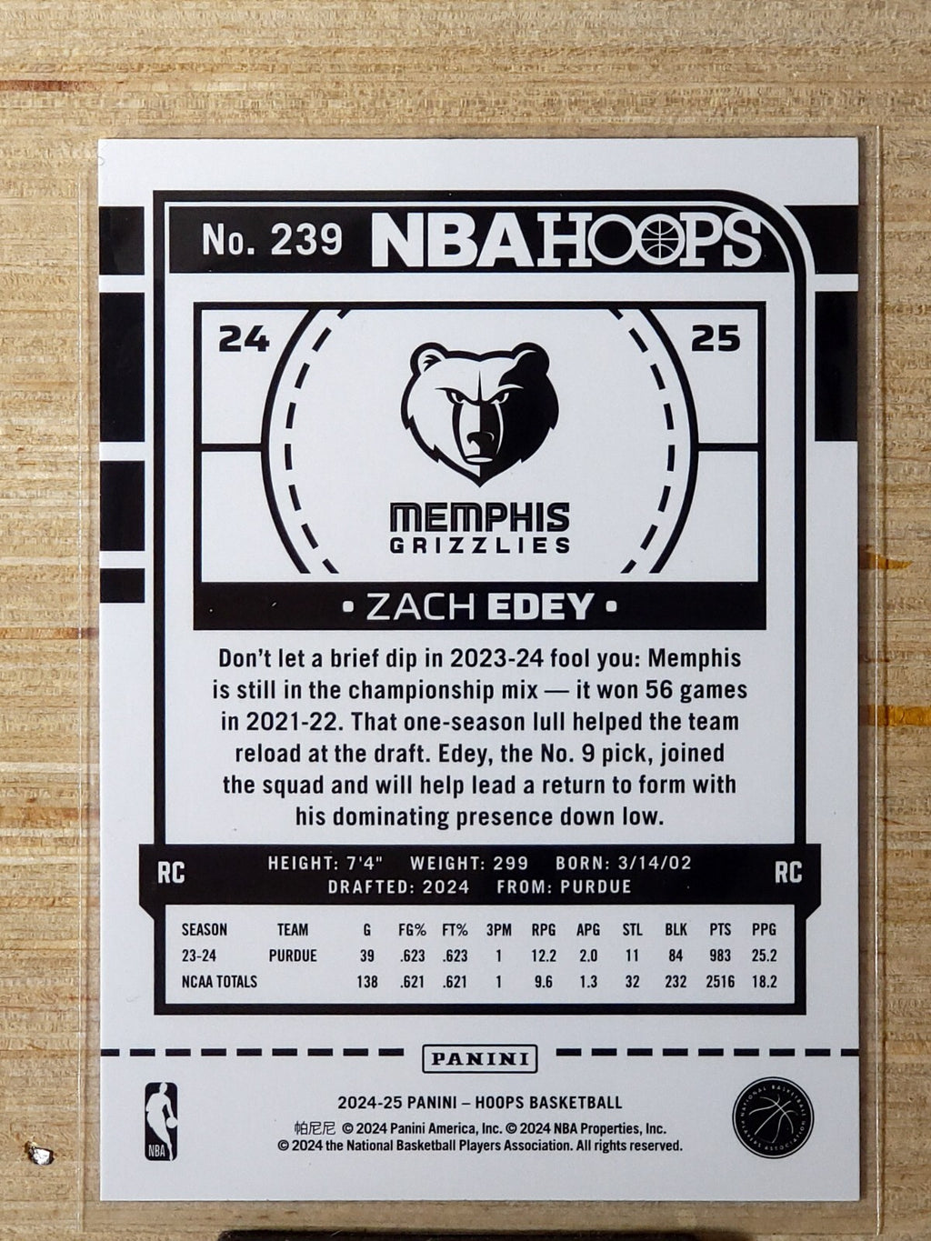 2024-25 Panini NBA Hoops # 239 Zach Edey