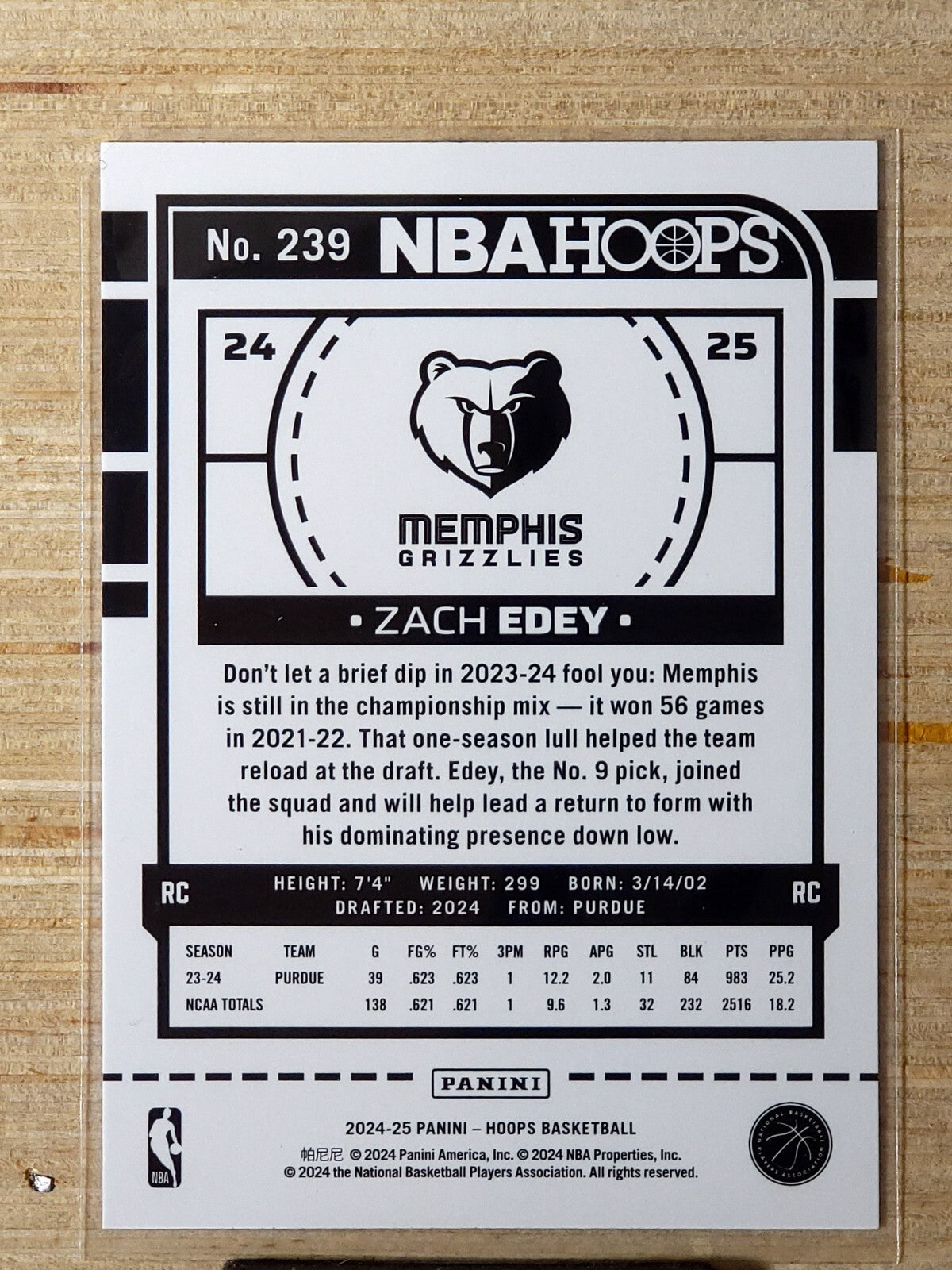 2024-25 Panini NBA Hoops # 239 Zach Edey