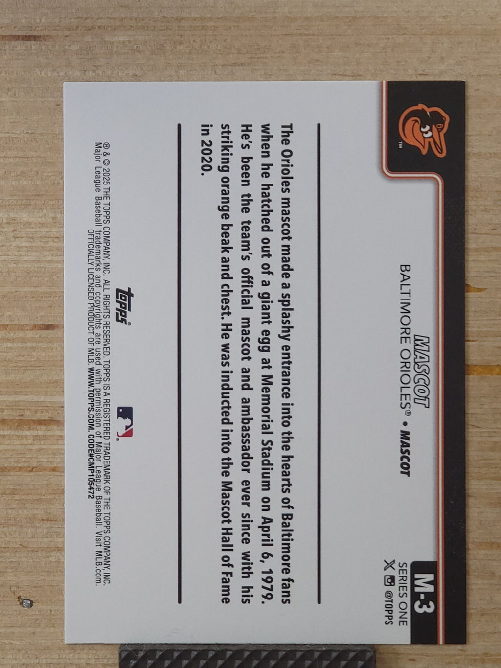 2025 Topps Series 1 M-3 Mascot Baltimore Orioles