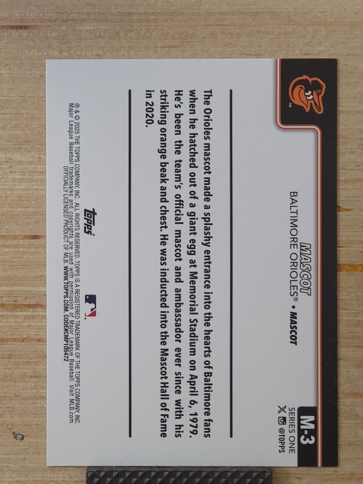 2025 Topps Series 1 M-3 Mascot Baltimore Orioles