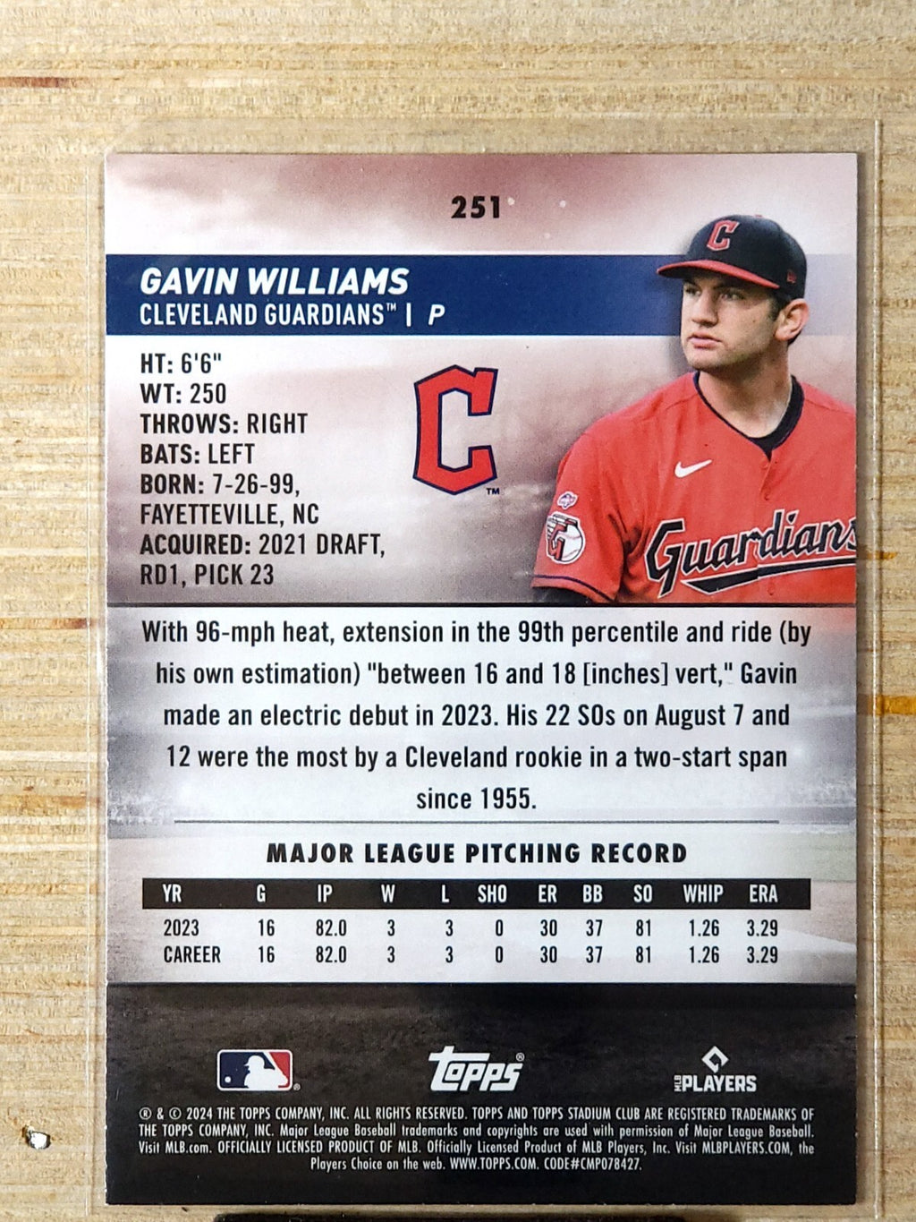 2024 Topps Stadium Club # 251 Gavin Williams Gold