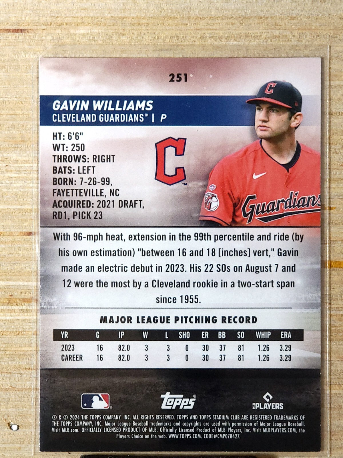 2024 Topps Stadium Club # 251 Gavin Williams Gold