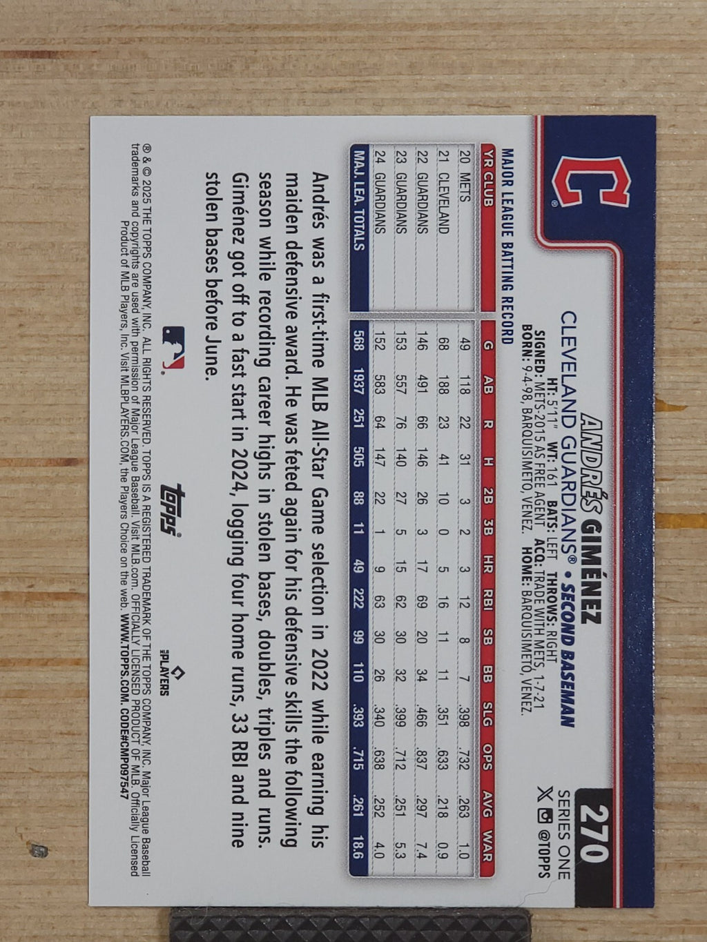 2025 Topps Series 1 - Andres Gimenez #270 Pink Holo Foil