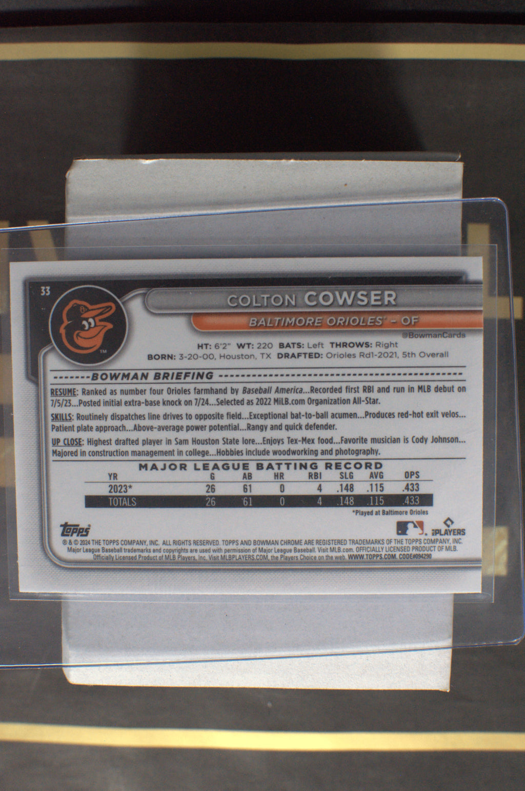 2024 BOWMAN CHROME MOJO BALTIMORE ORIOLES COLTON COWSER #33 *Free Shipping @$10
