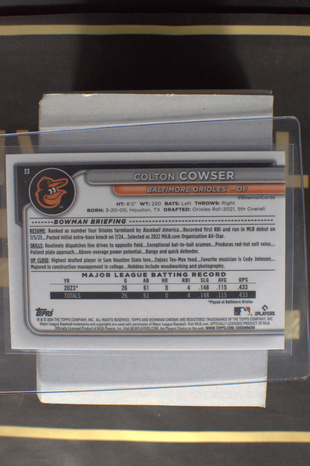 2024 BOWMAN CHROME MOJO BALTIMORE ORIOLES COLTON COWSER #33 *Free Shipping @$10