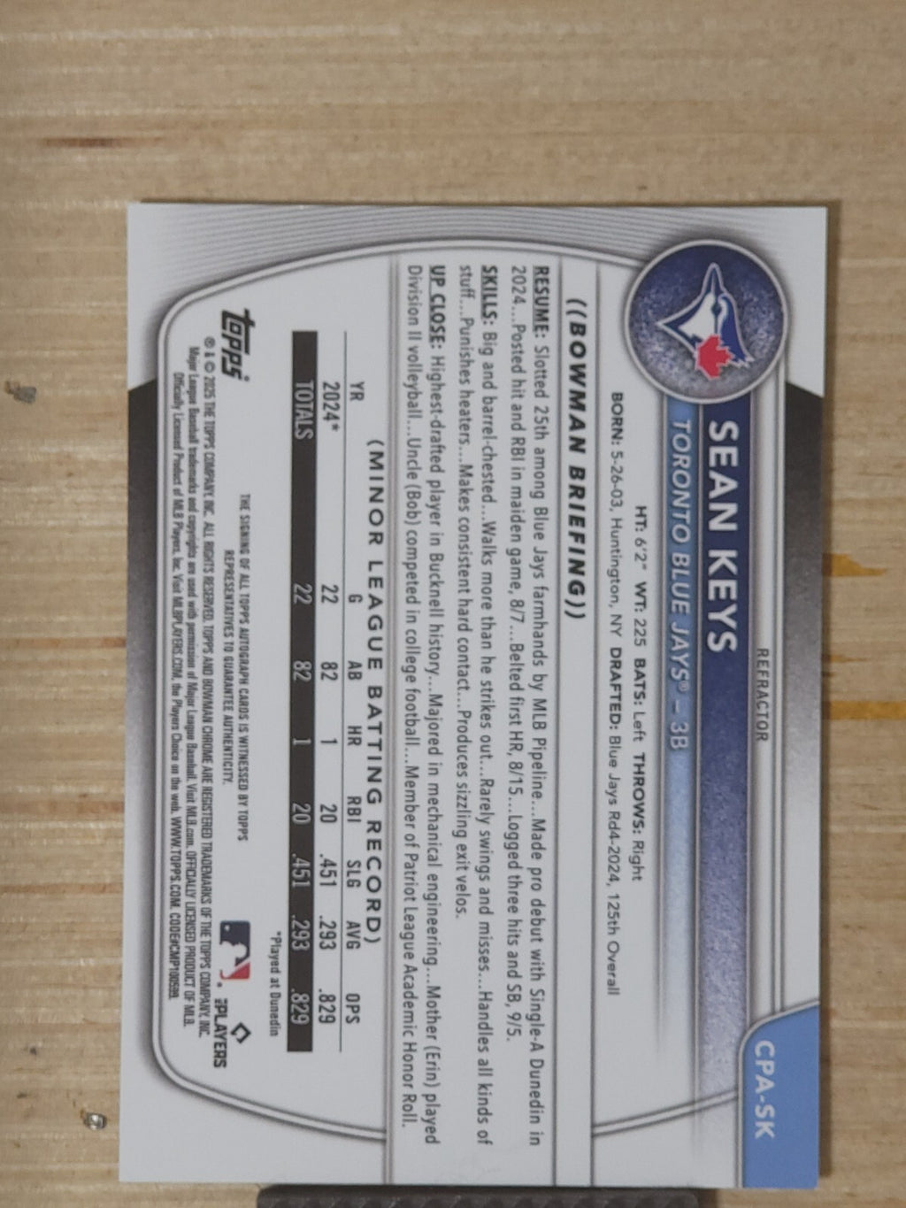 2025 Bowman - Chrome Prospect Autographs Sean Keys #CPA-SK Refractor 382/499
