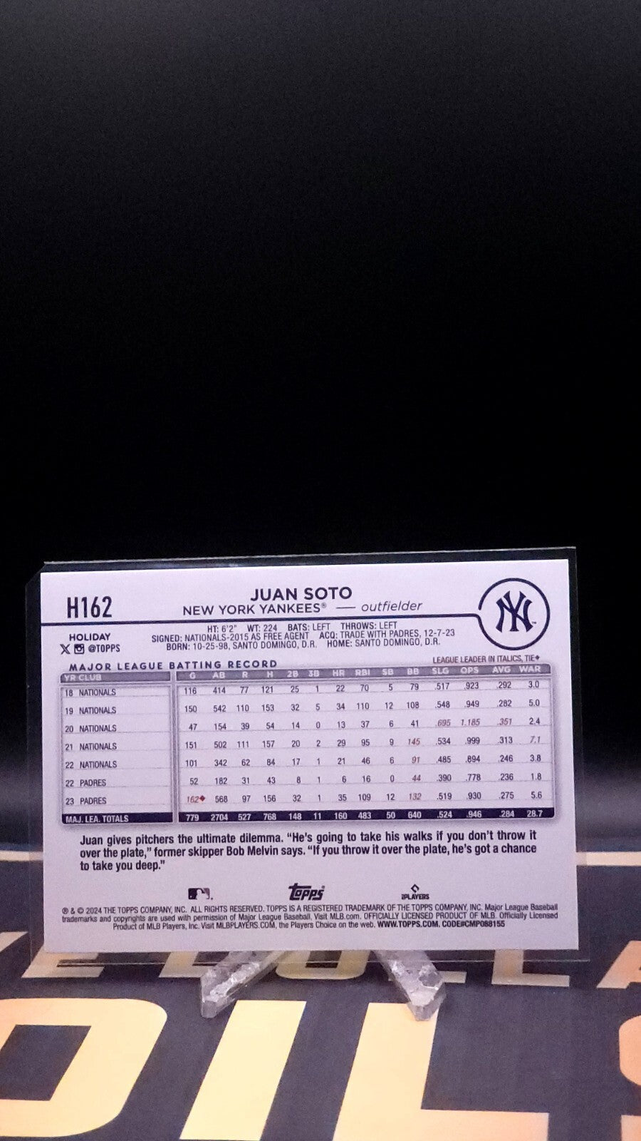 *Free Shipping @ $10* 2024 Topps Holiday Juan Soto #H162 Lights & White Hat