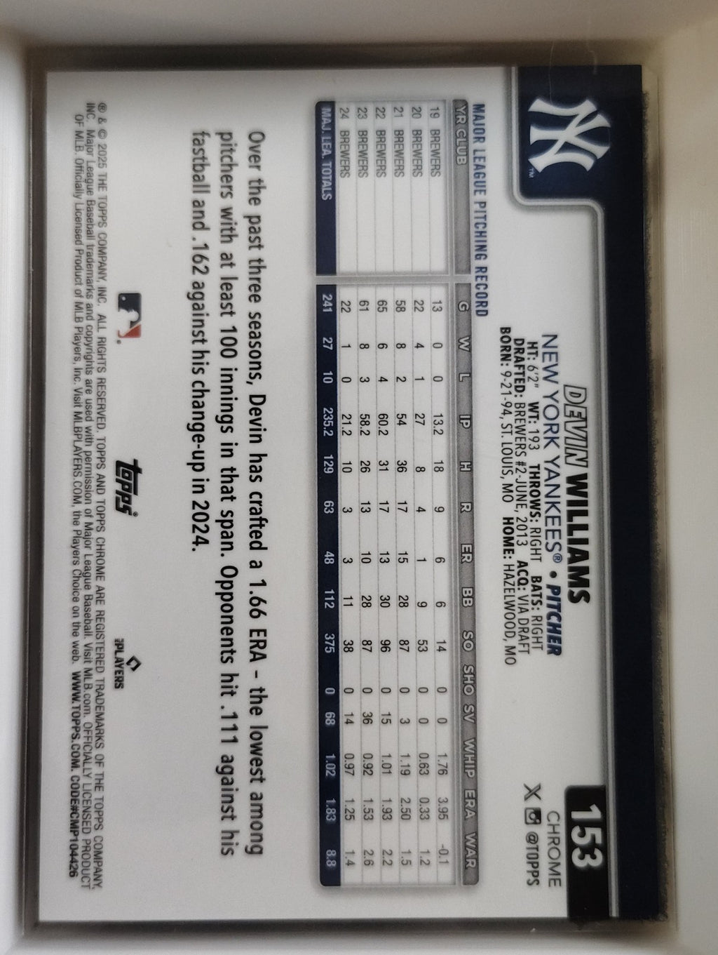2025 Topps Chrome #153 Devin Williams 163/250 Purple