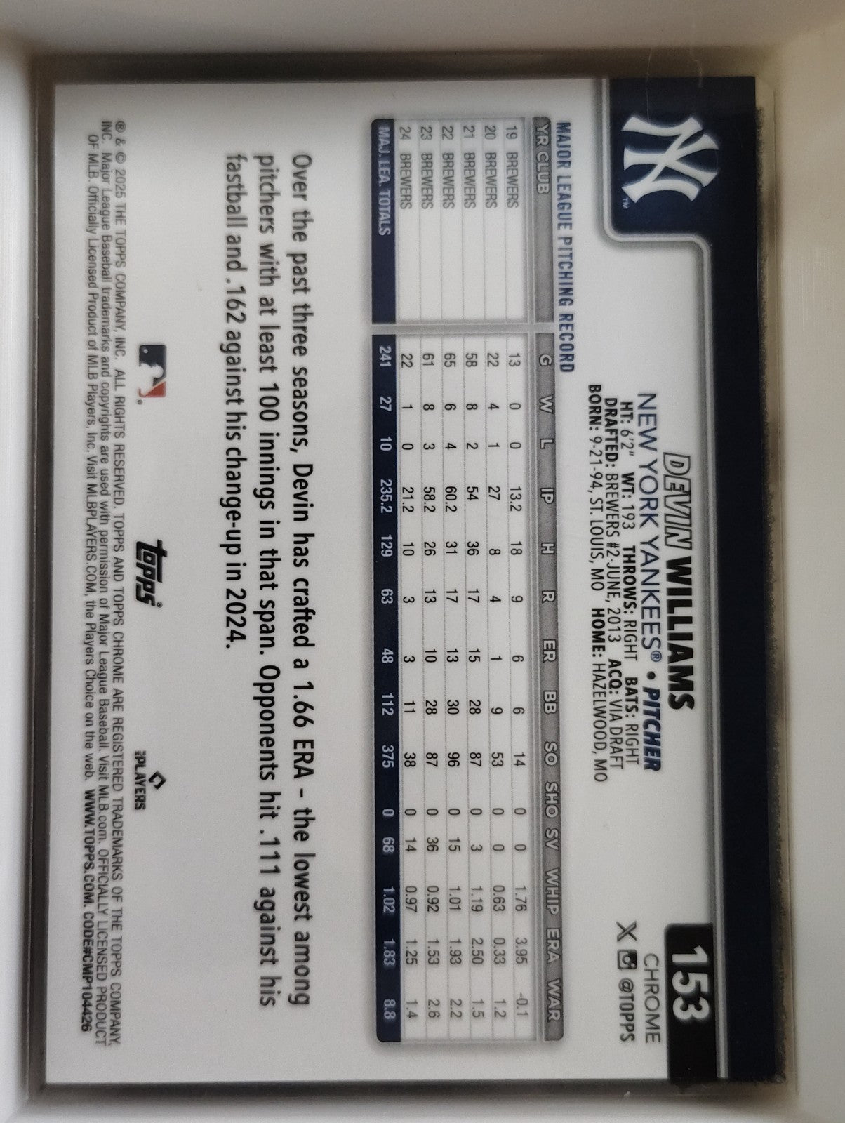 2025 Topps Chrome #153 Devin Williams 163/250 Purple