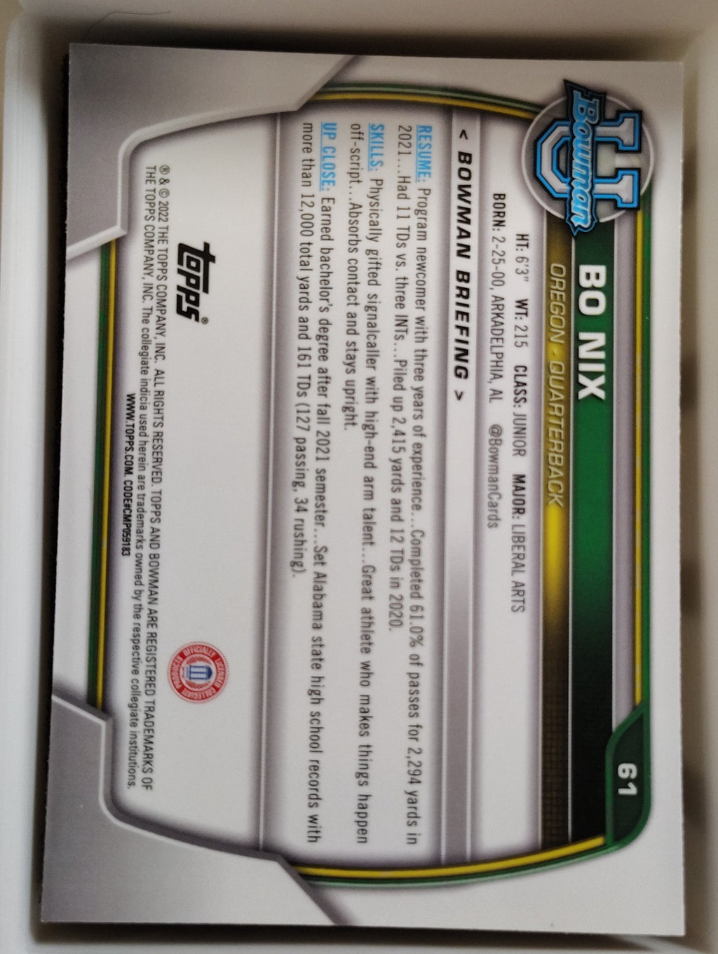 2022 Bowman Chrome #61 Bo Nix