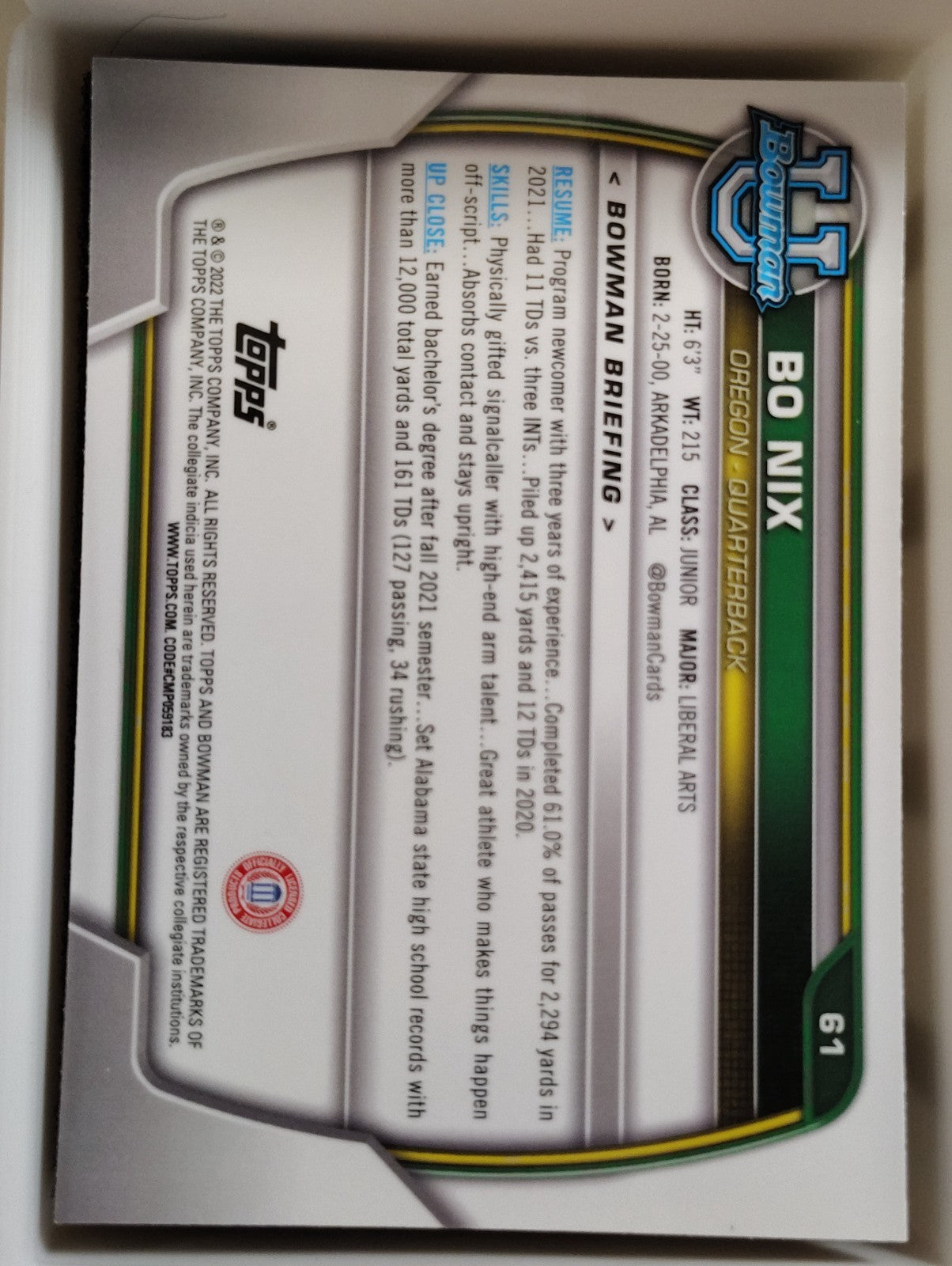2022 Bowman Chrome #61 Bo Nix
