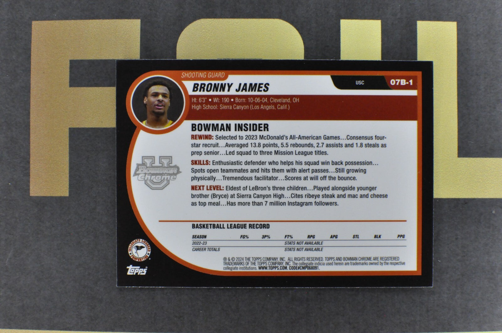 Bronny James #07B-1 (2023 Bowman Chrome University 2007-08)