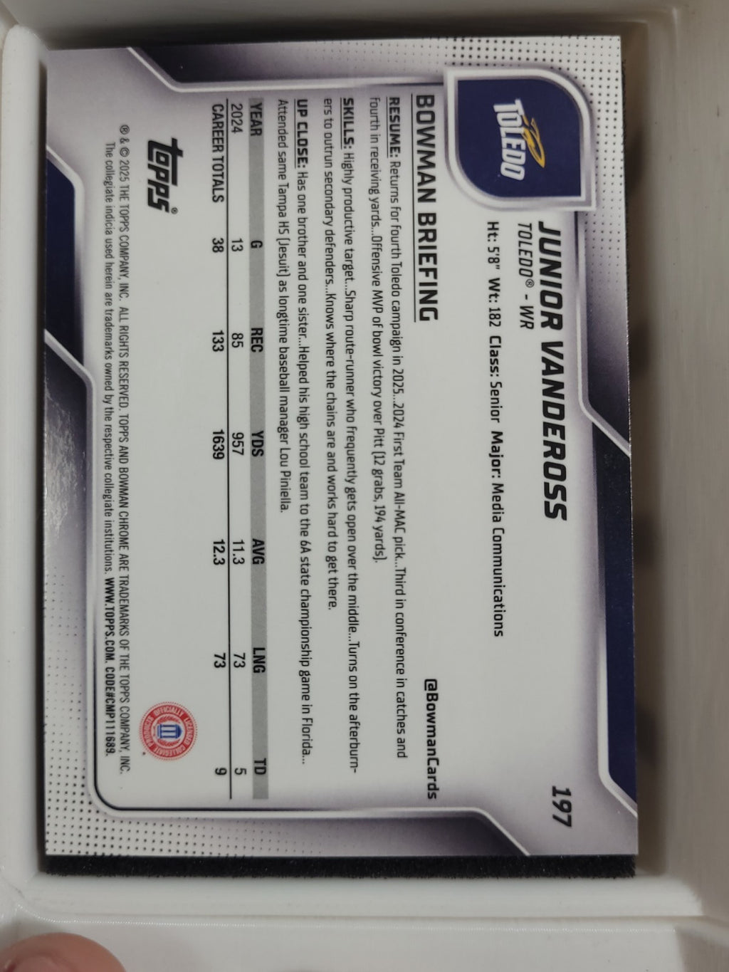 2025 Bowman University Chrome Junior Vandeross 197 yellow Mini-Diamond