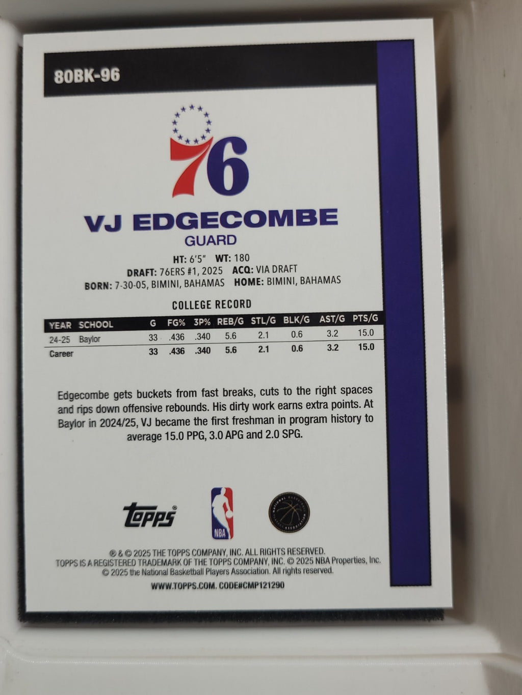 2025-26 Topps VJ Edgecombe #80BK-96