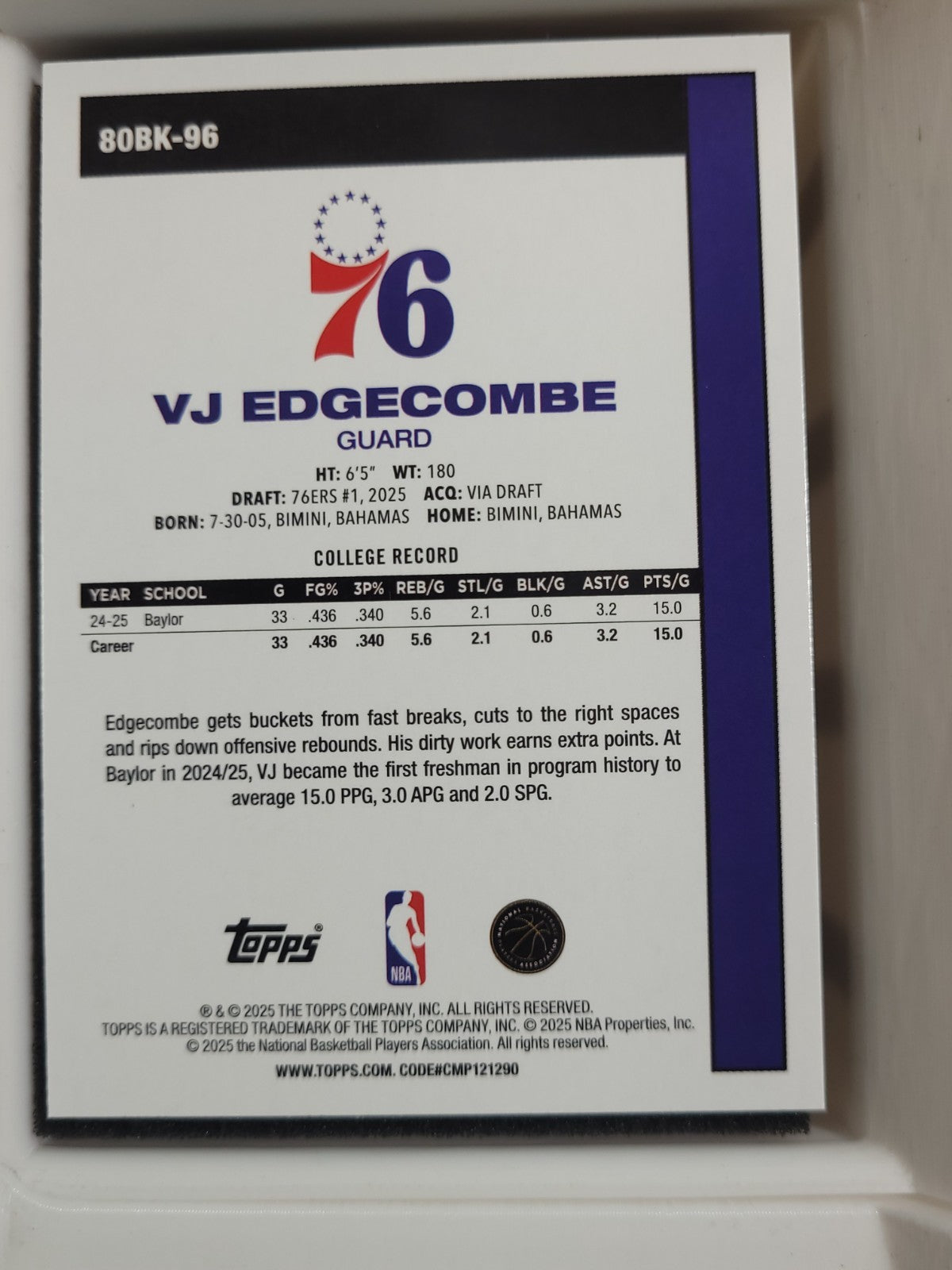 2025-26 Topps VJ Edgecombe #80BK-96