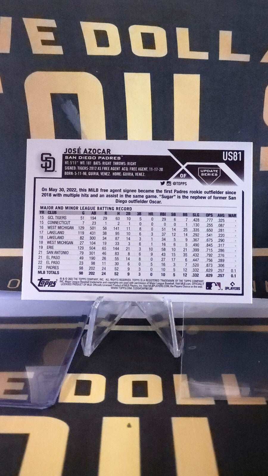 2023 Topps Update JOSE AZOCAR Padres US81 Orange