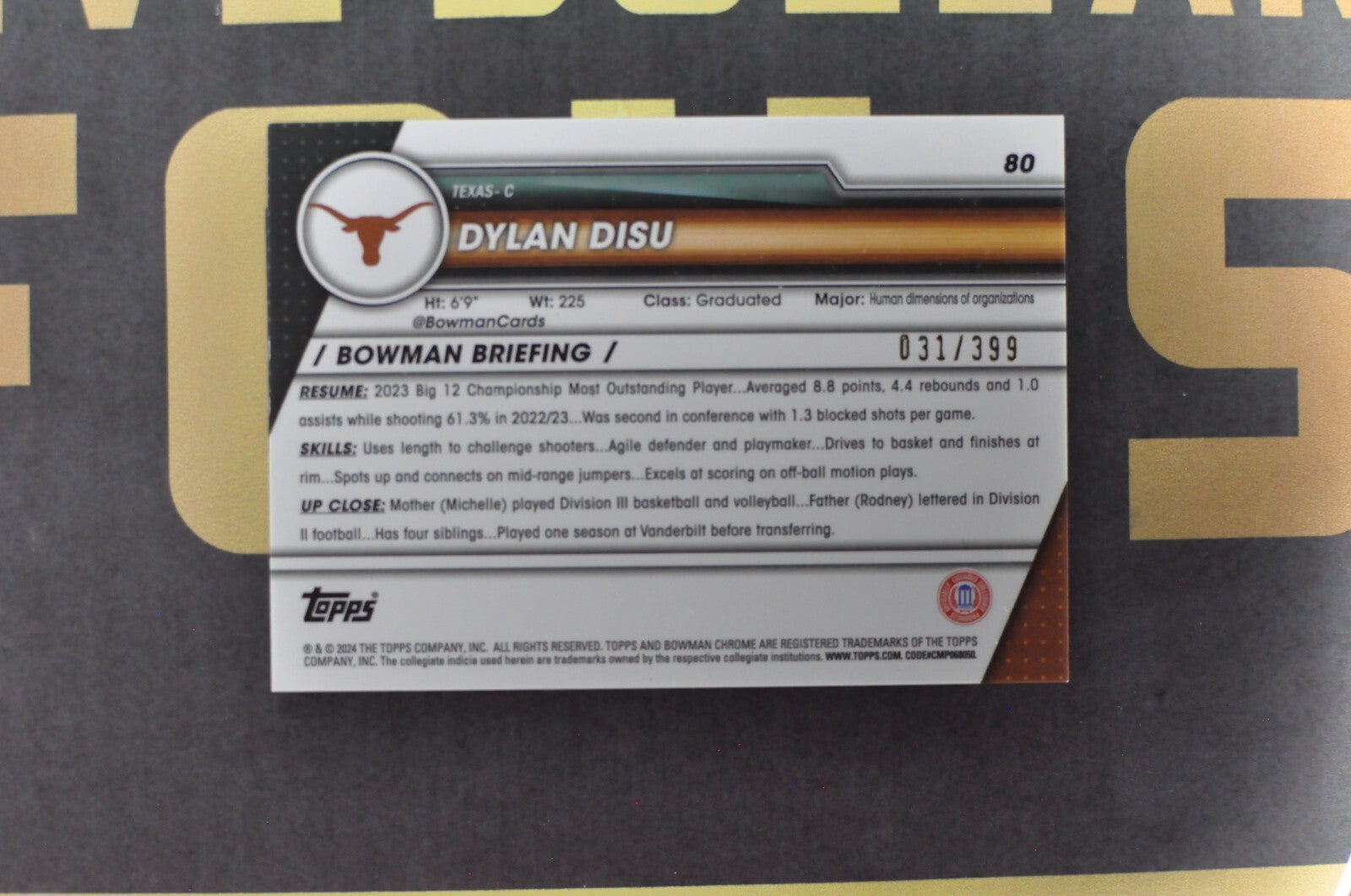 Dylan Disu [Purple Mini-Diamond] #80 (2023 Bowman Chrome University) 031 /399