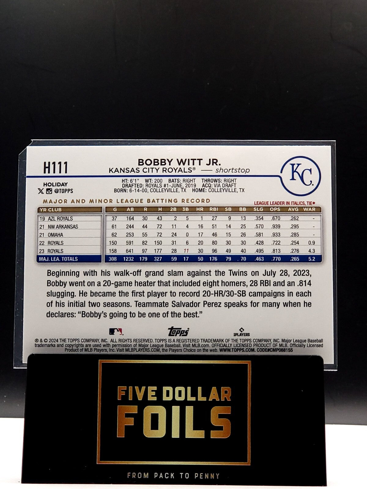 *Free Shipping @ $10 2024 Topps Holiday #H111 Bobby Witt Jr. Holiday Variation