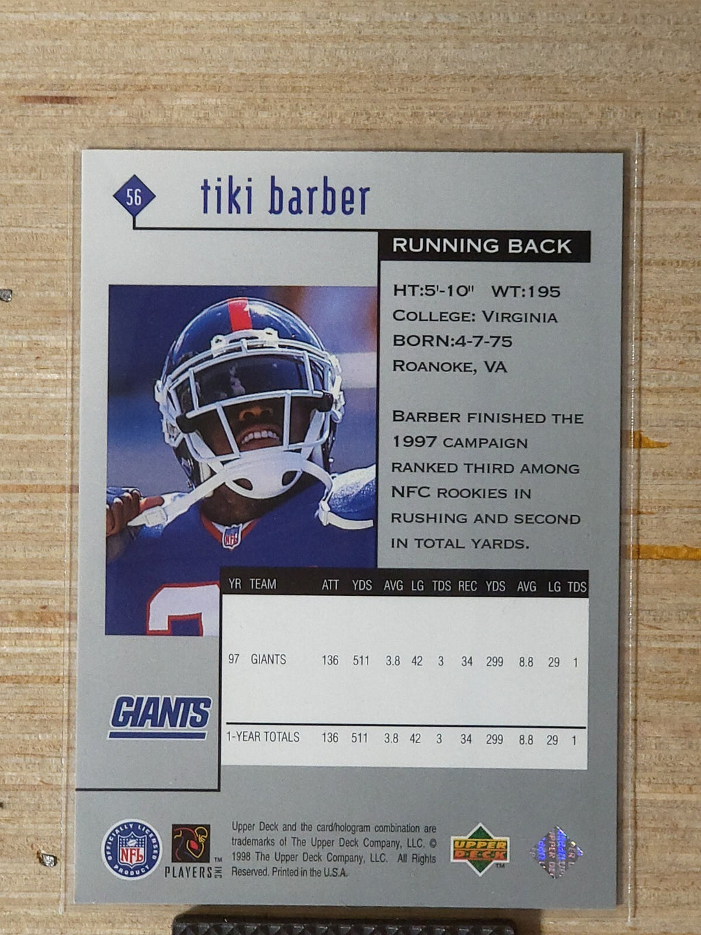 1998 Upper Deck Black Diamond Rookie Edition - Tiki Barber #56