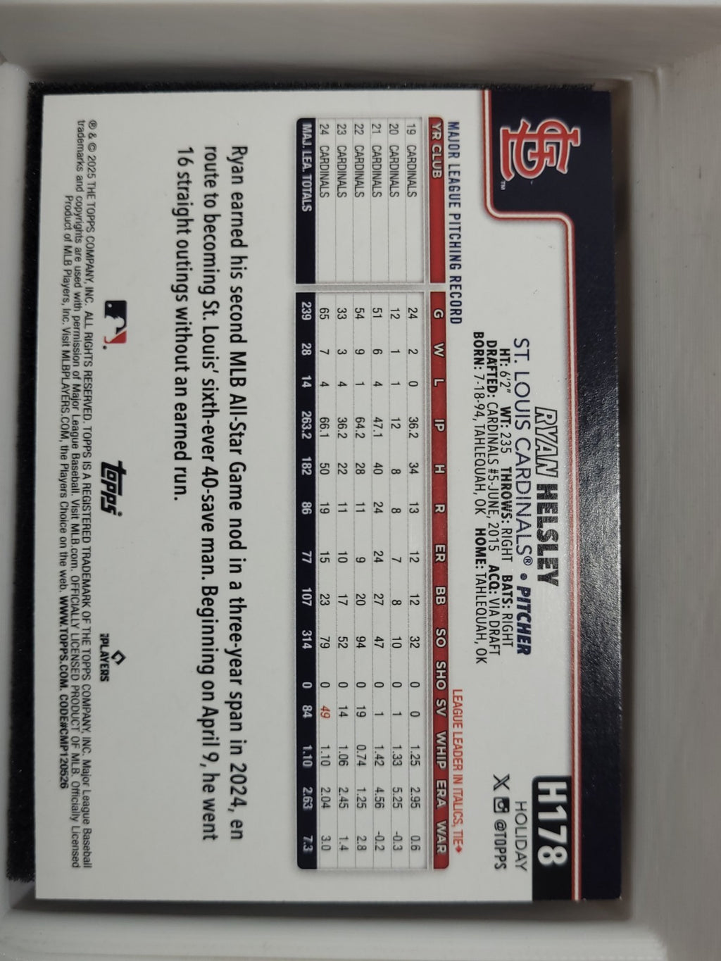 2025 Topps Holiday Ryan Helsley #H178 Blue Glitter
