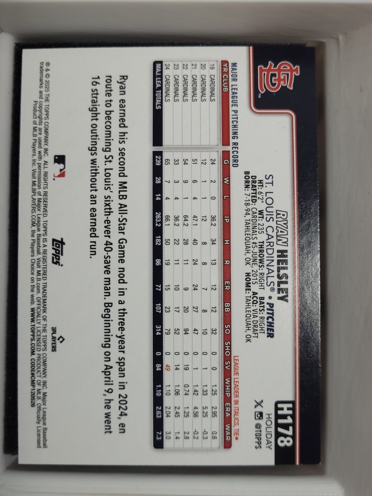2025 Topps Holiday Ryan Helsley #H178 Blue Glitter