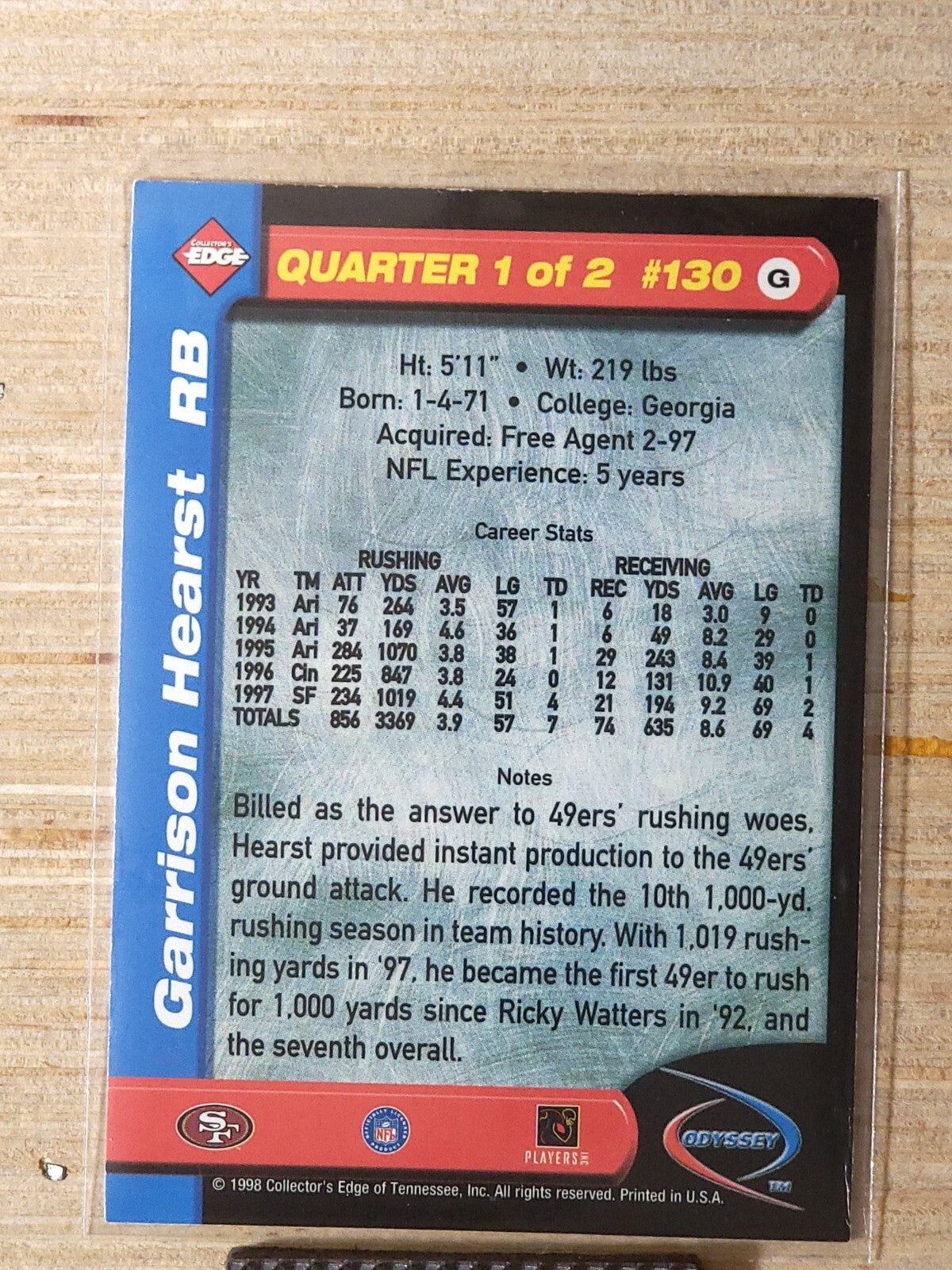 1998 Collector's Edge Odyssey - Garrison Hearst #191 G Level 1 Galvanized