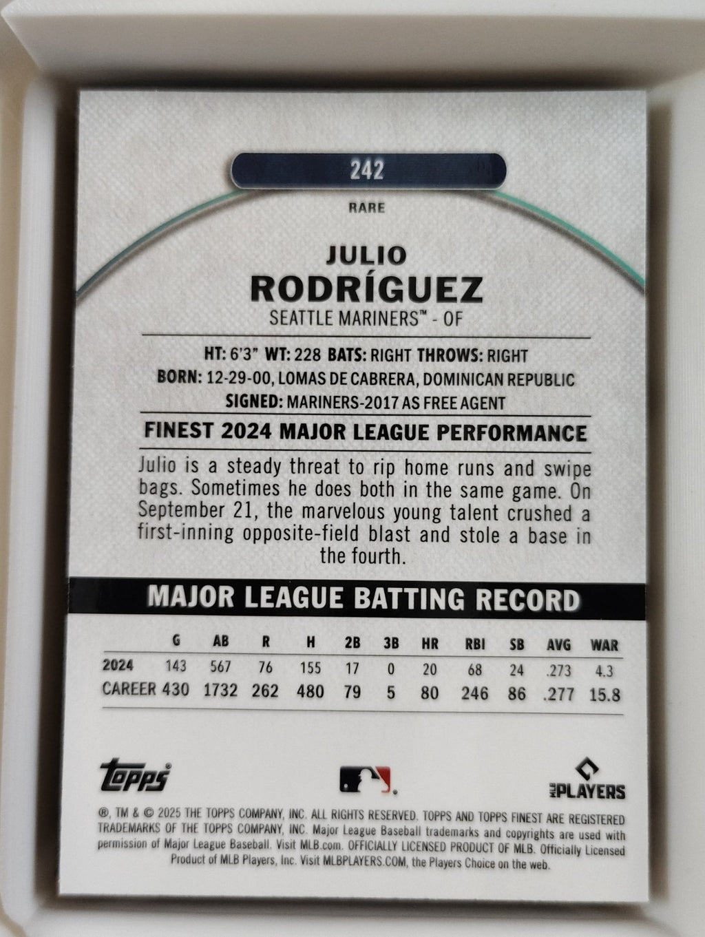 2025 Topps Finest - Rare Julio Rodriguez #242 Purple Refractor 031/125