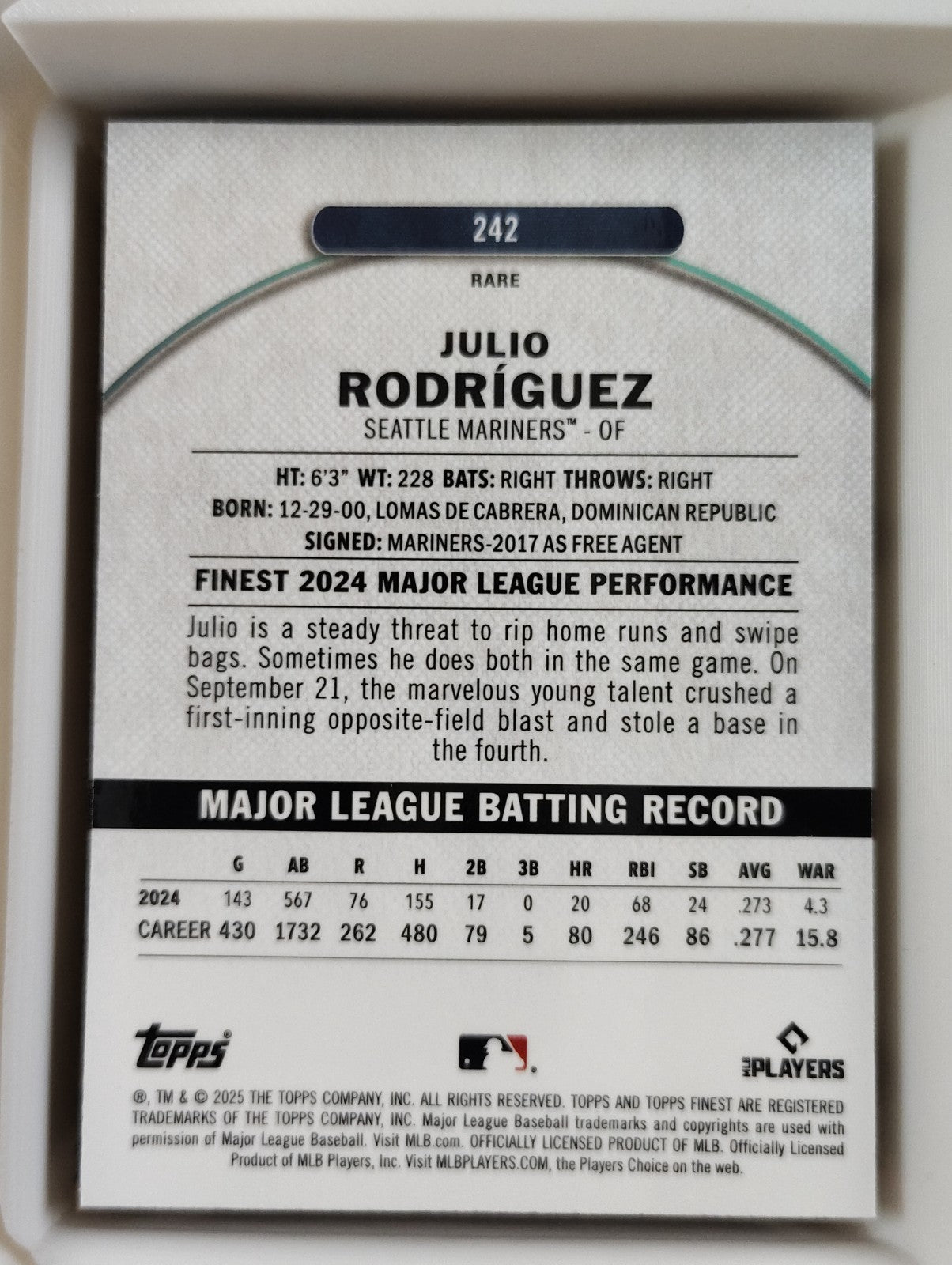 2025 Topps Finest - Rare Julio Rodriguez #242 Purple Refractor 031/125