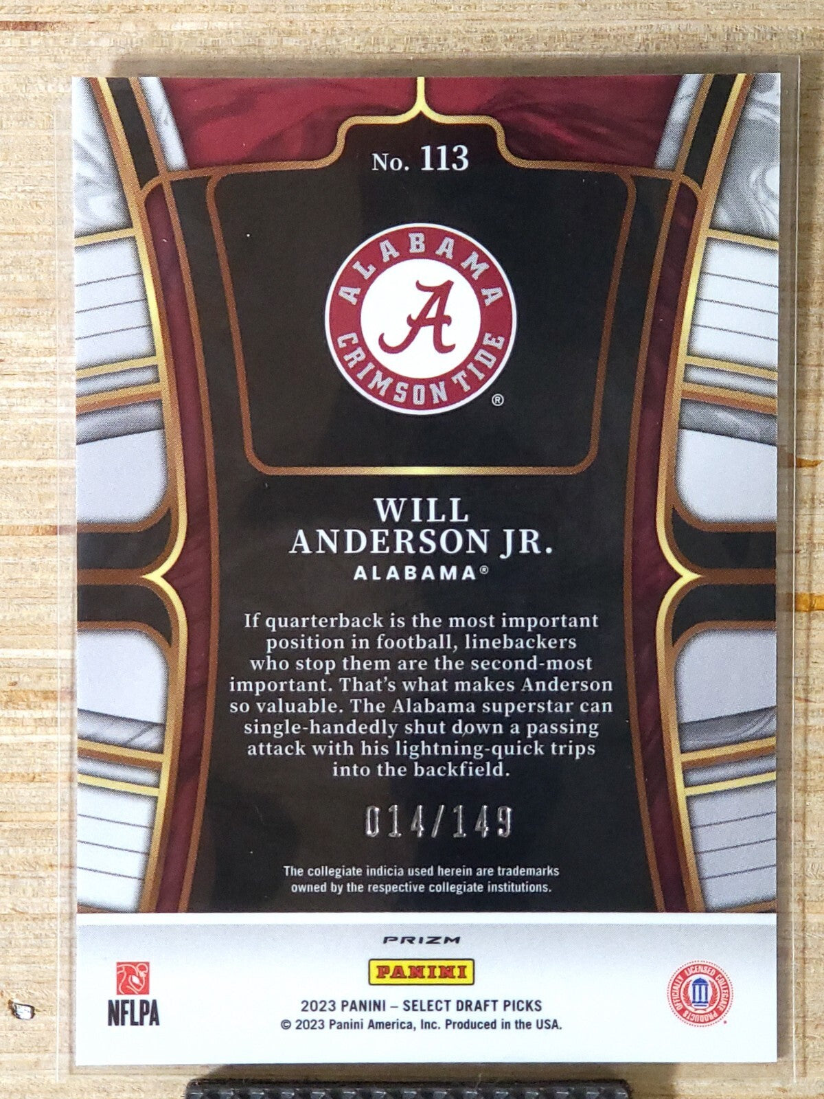 2023 Panini Select Draft Picks Red Prizm #113 Will Anderson Jr. 014/149