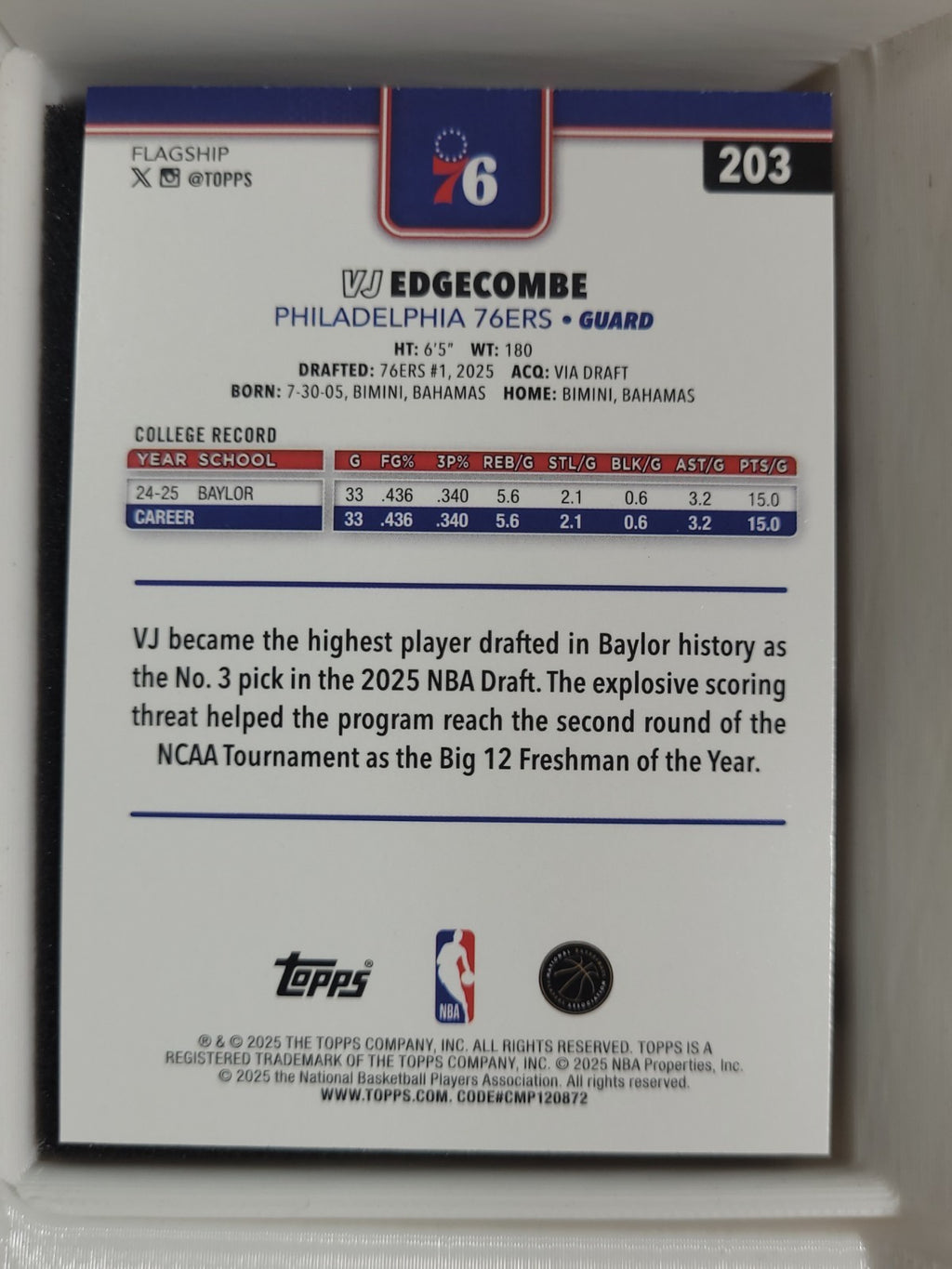 2025-26 Topps Basketball #203 VJ Edgecombe