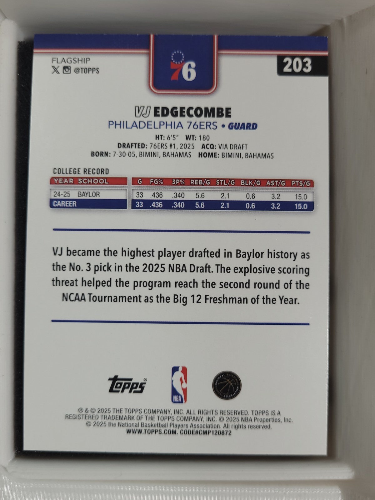 2025-26 Topps Basketball #203 VJ Edgecombe
