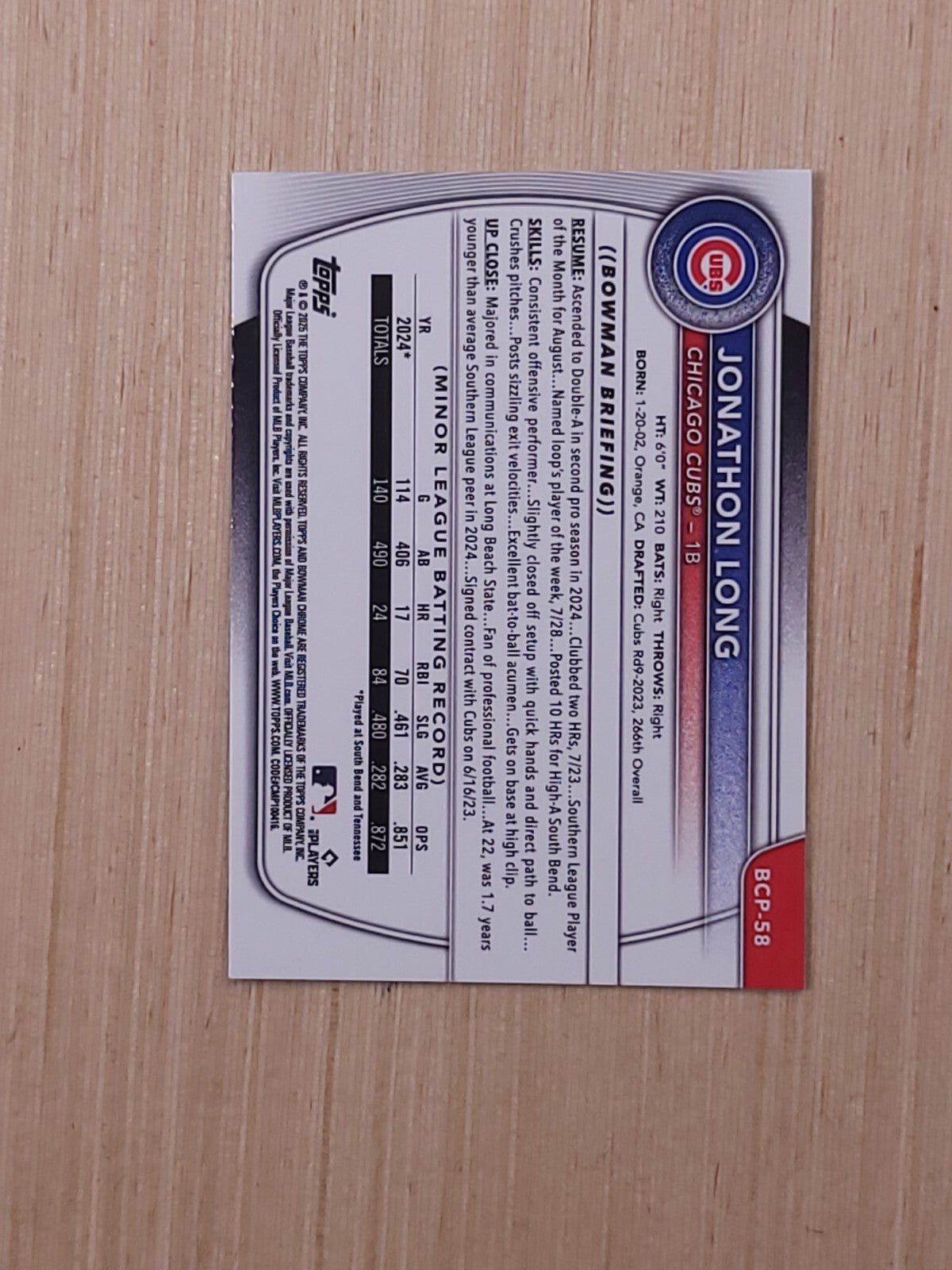 2025 Bowman - Chrome Prospects Jonathon Long #BCP-58 Reptilian Refractor (RC)