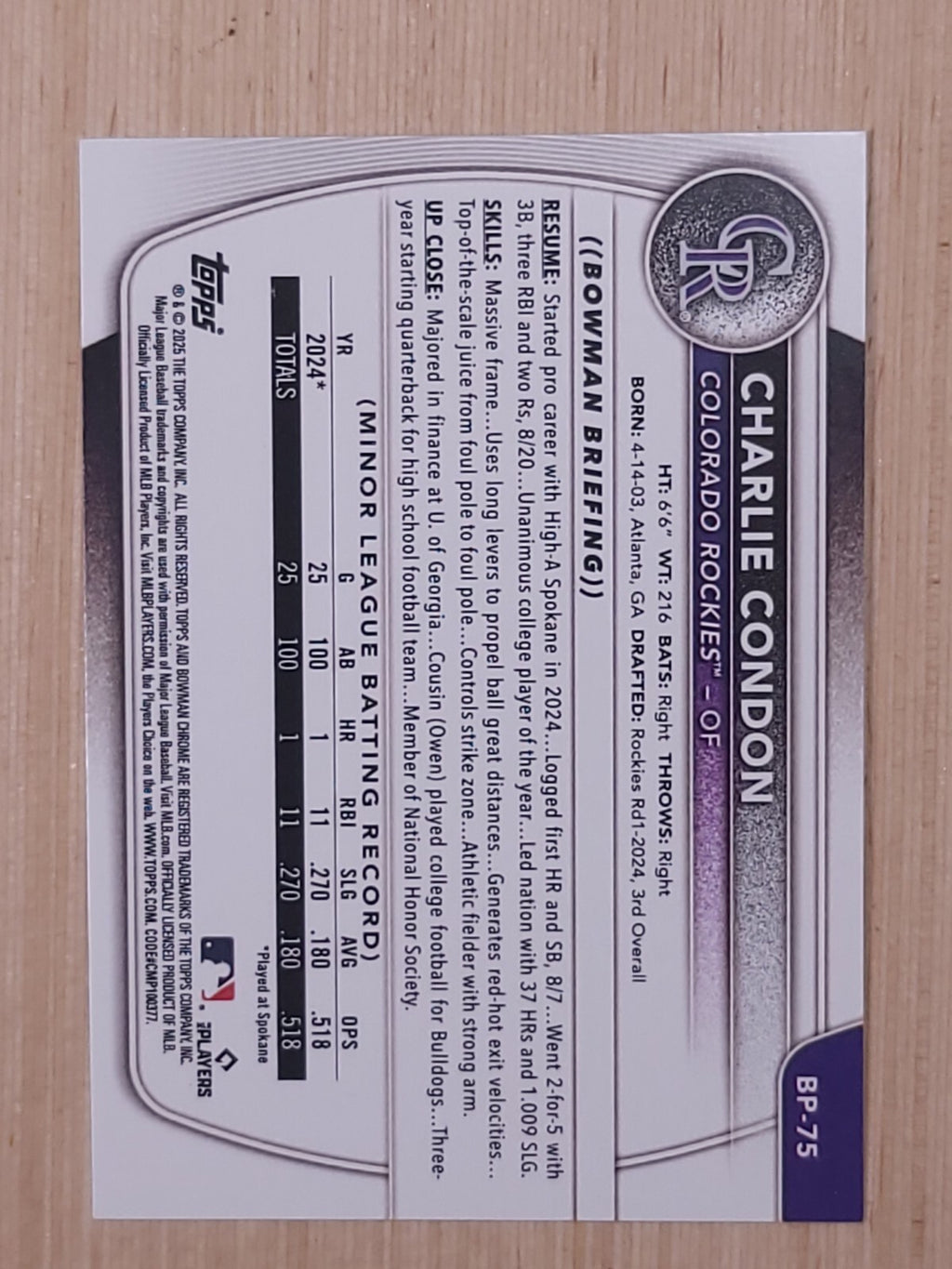 2025 Bowman - Prospects Charlie Condon #BP-75 (RC)