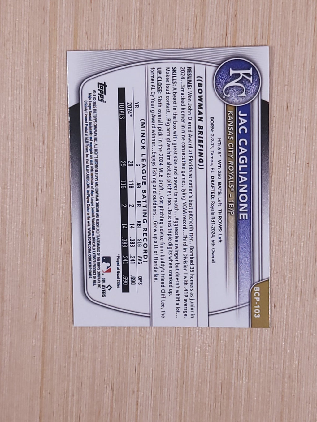 2025 Bowman - Chrome Prospects Jac Caglianone #BCP-103