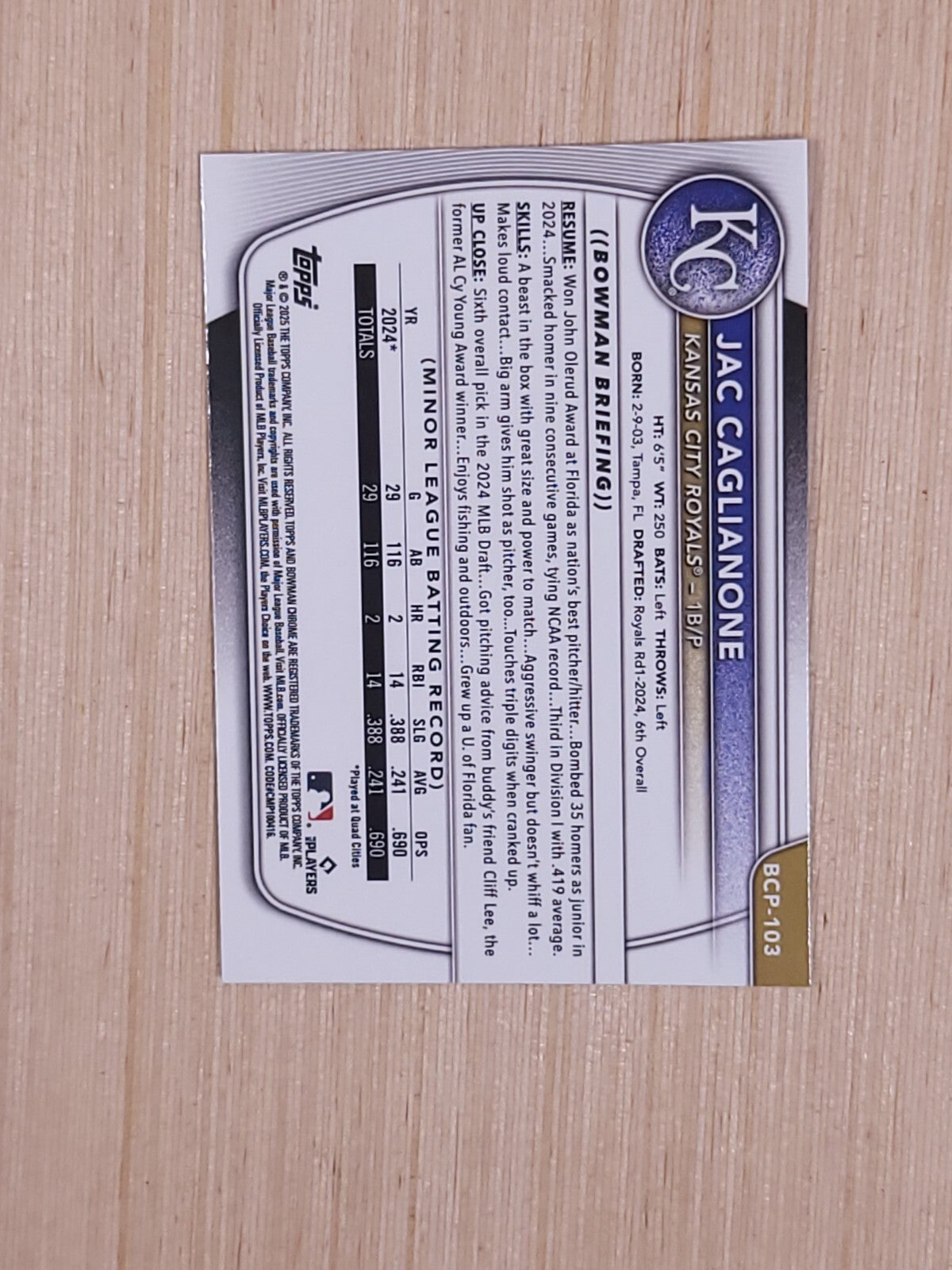 2025 Bowman - Chrome Prospects Jac Caglianone #BCP-103