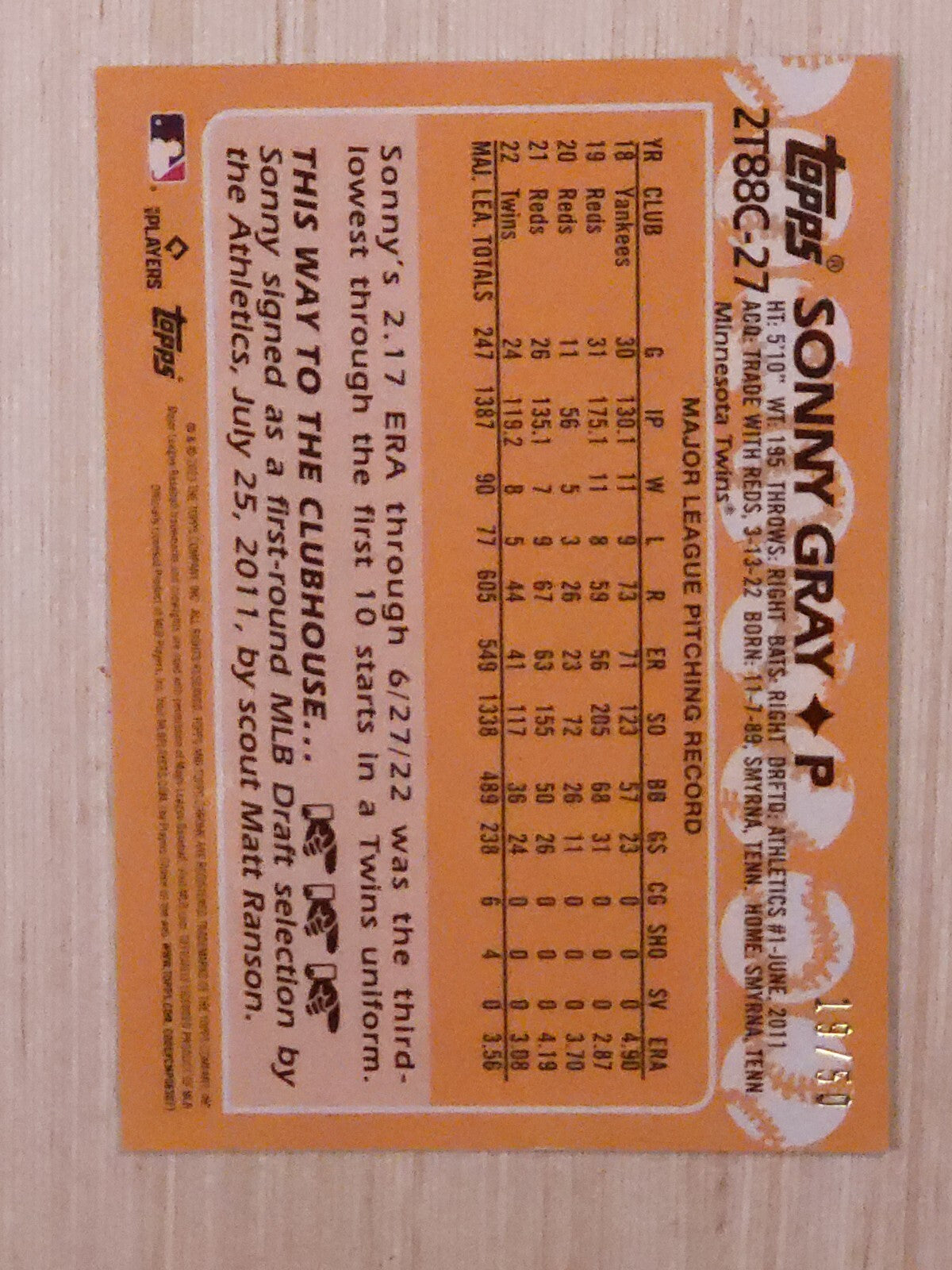 2023 Topps Series 2 - 1988 Topps Chrome Yellow Mojo Sonny Gray #2T88C-27