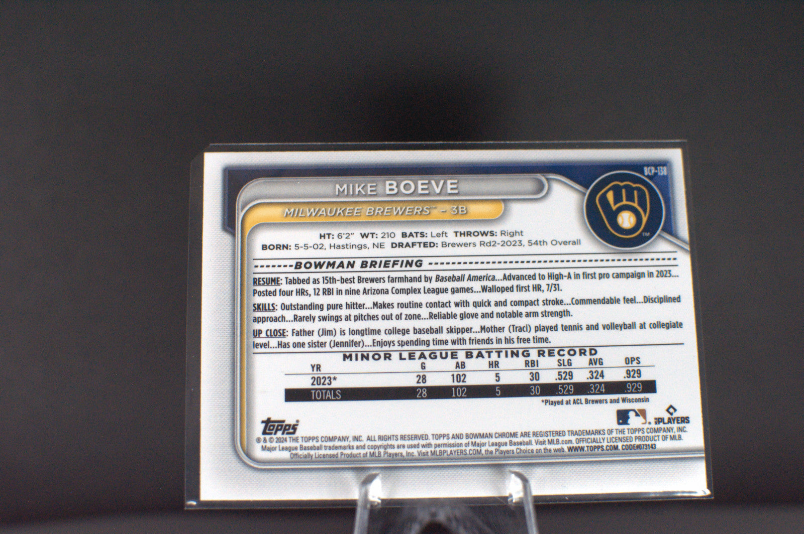 2024 Bowman Chrome MIKE BOEVE Fuchsia Lunar Refractor #BCP-138 Brewers 091/199