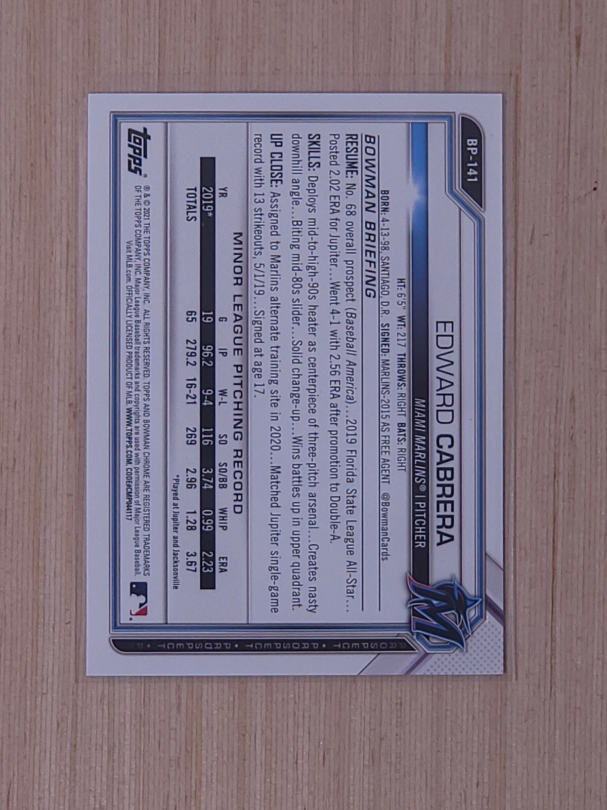 2021 Bowman - Prospects Edward Cabrera #BP-141 Camo