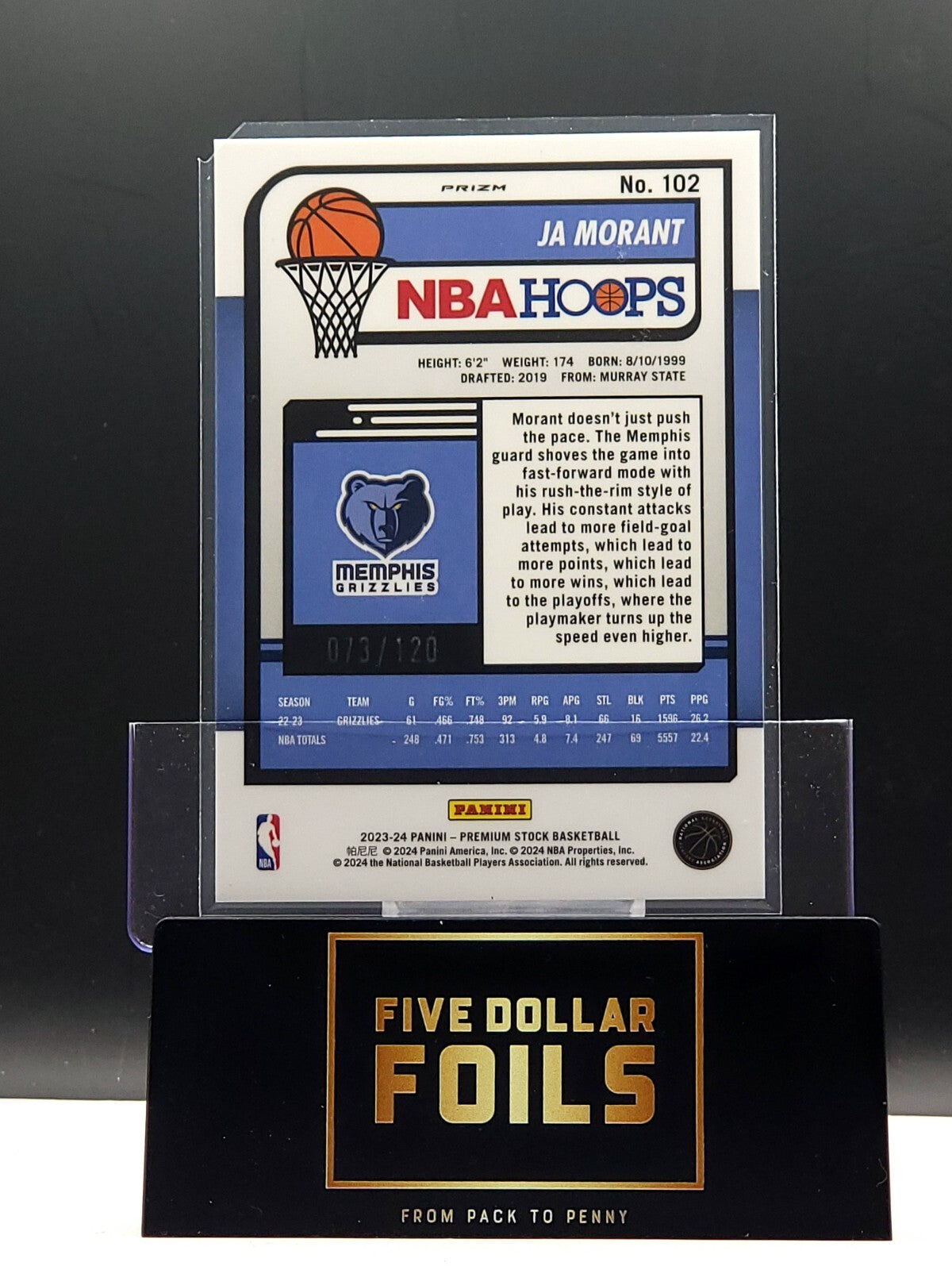2023-24 Panini NBA Hoops Premium Stock #102 Ja Morant Blue 073/120