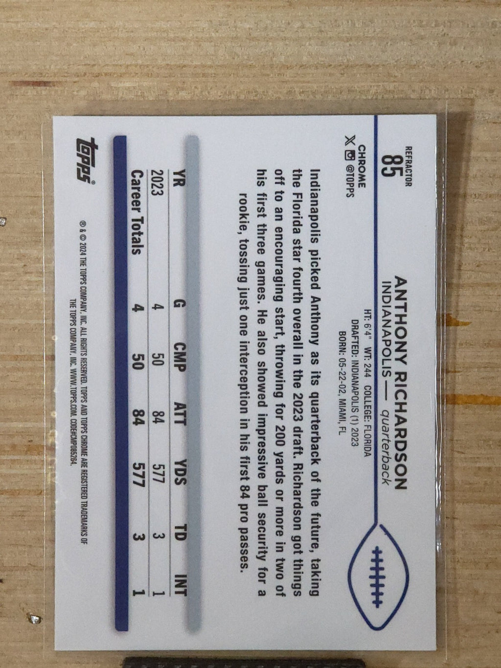 2024 Topps Chrome Football 85 Anthony Richardson Refractor
