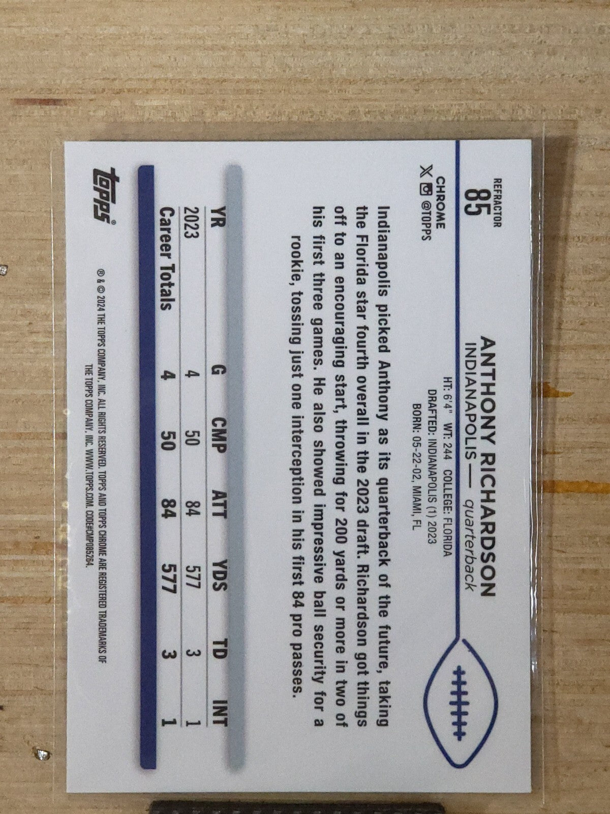 2024 Topps Chrome Football 85 Anthony Richardson Refractor