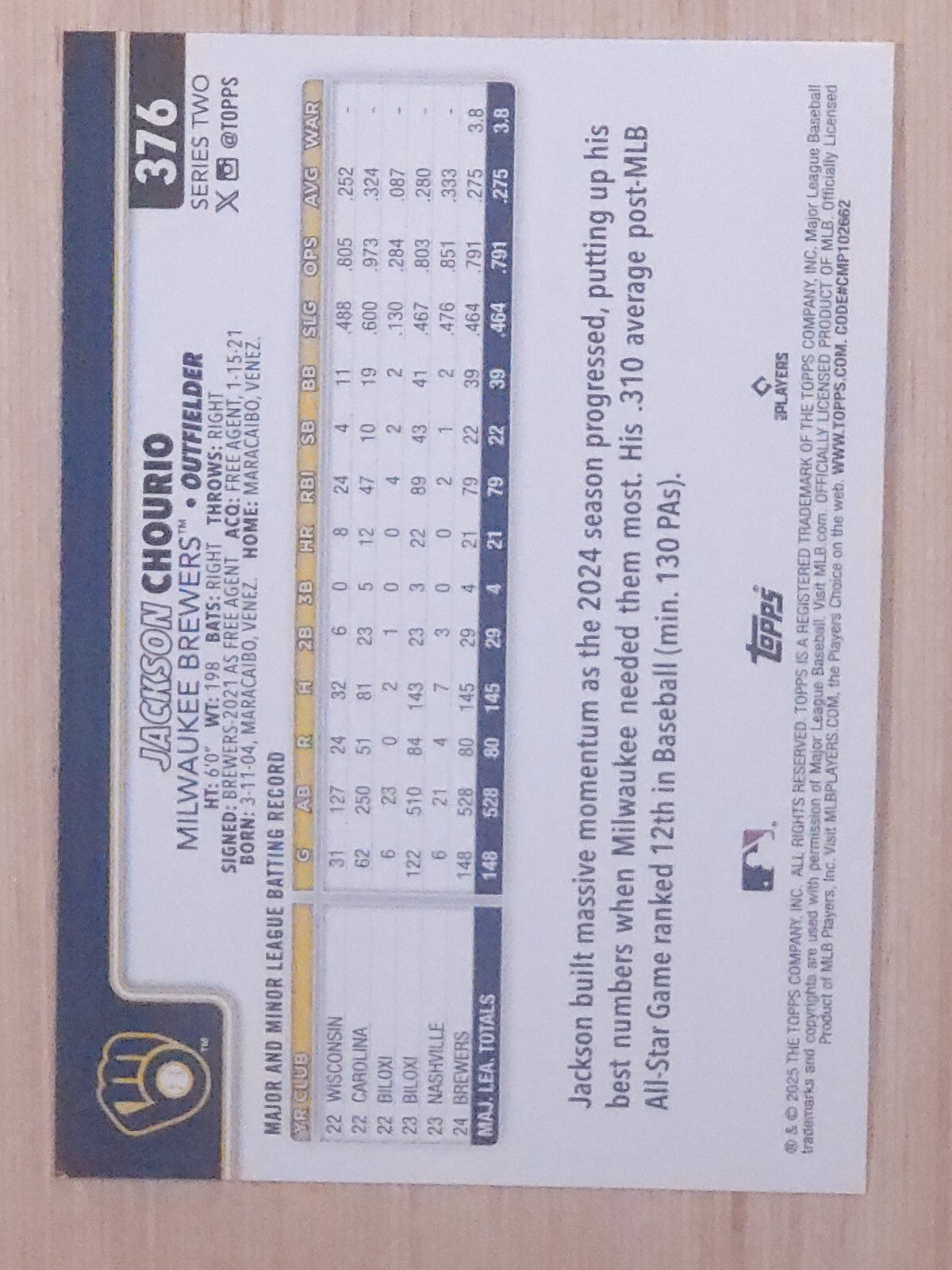 2025 Topps Series 2 #376 Jackson Chourio Dyamonte