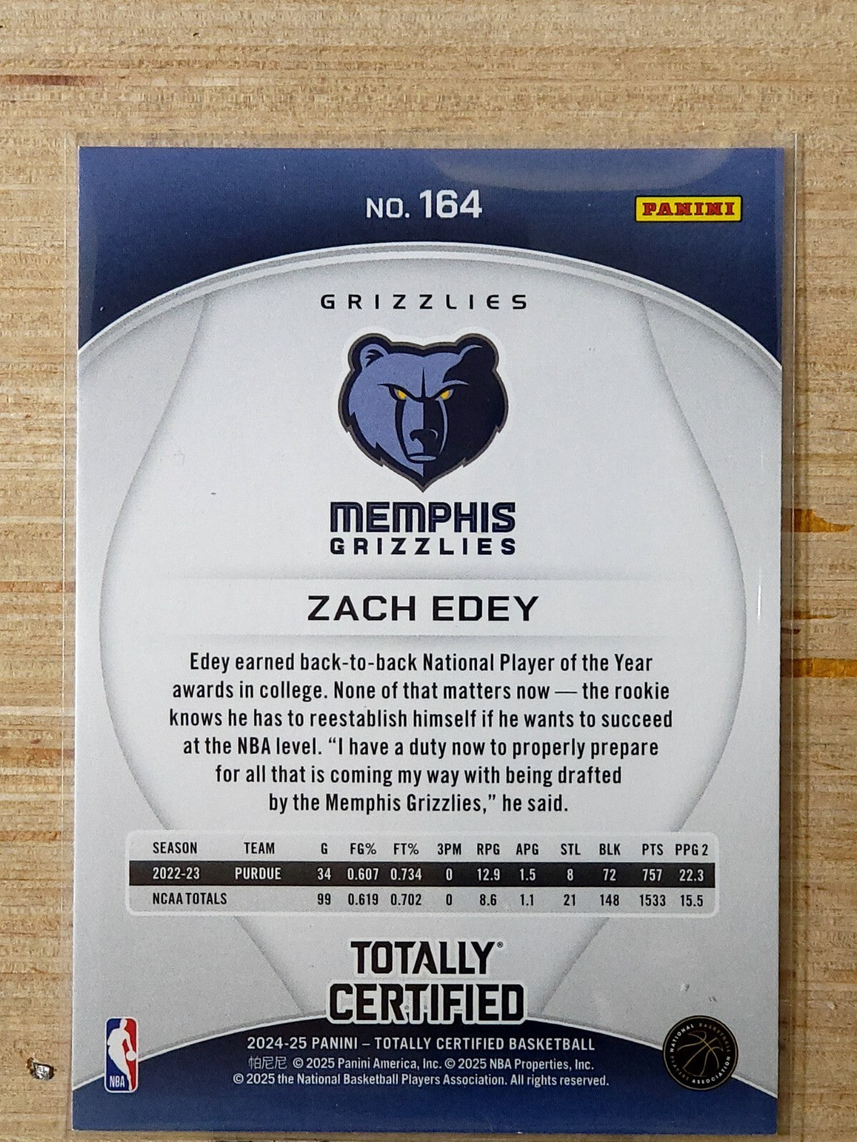 2024-25 Panini Totally Certified #164 Zach Edey