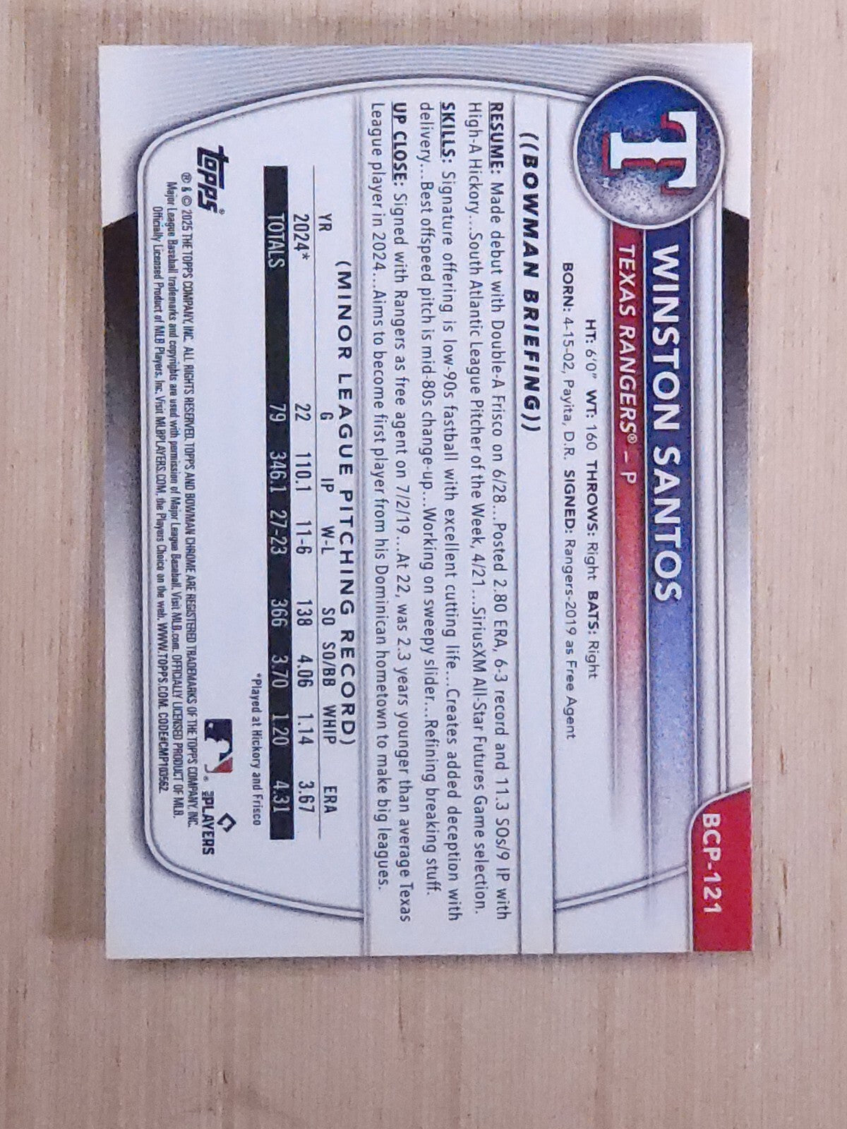 2025 Bowman - Chrome Prospects Winston Santos #BCP-121  Mega box Mojo