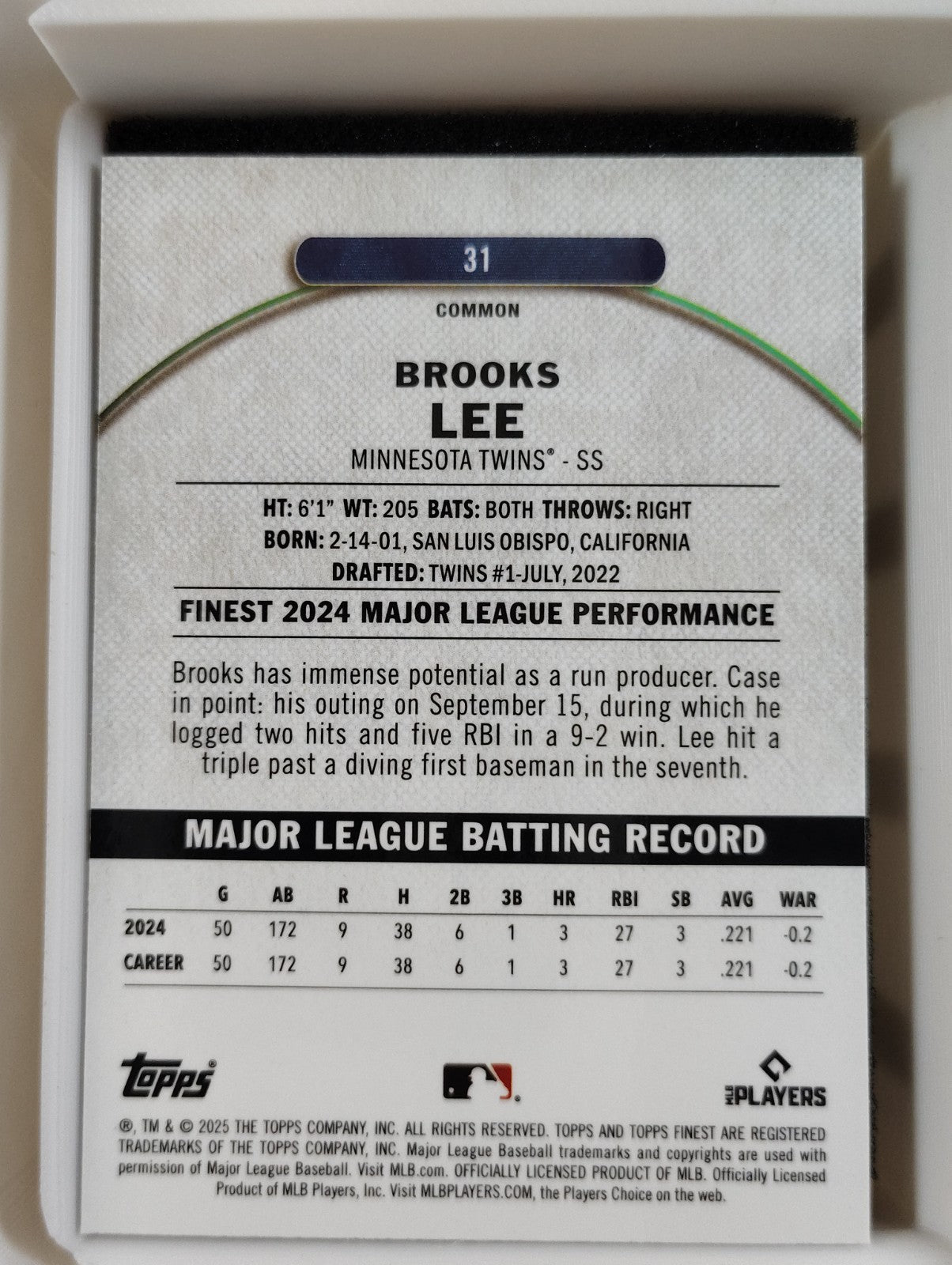 2025 Topps Finest Common #31 Brooks Lee Checkerboard