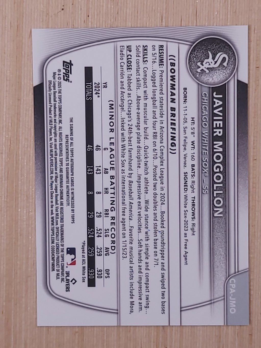 2025 Bowman - Chrome Prospect Autographs Javier Mogollon #CPA-JMO (AU, RC)