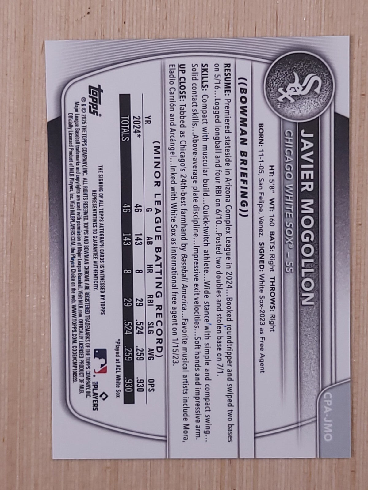 2025 Bowman - Chrome Prospect Autographs Javier Mogollon #CPA-JMO (AU, RC)