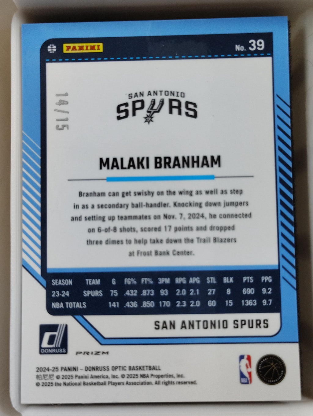 2024-25 Panini Donruss Optic - Malaki Branham #39 Blue Glitter Prizm 14/15